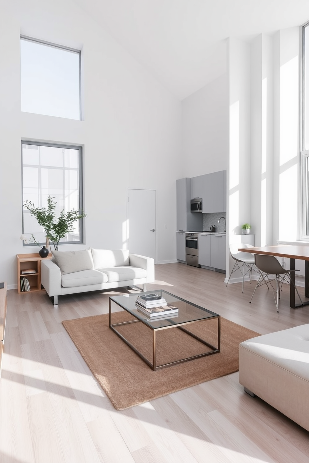 A spacious studio loft with an open floor plan featuring large windows that allow natural light to flood the space. The walls are painted in a soft white hue, and the flooring is a warm light wood that enhances the airy feel. In the living area, a sleek grey sofa is paired with a minimalist coffee table made of glass and metal. A simple bookshelf with clean lines showcases a few curated decorative items and plants for a touch of greenery. The kitchen area boasts streamlined cabinetry in a matte finish, complemented by stainless steel appliances that blend seamlessly into the design. A small breakfast nook with two modern stools sits at a kitchen island, offering a cozy spot for meals. The bedroom area is defined by a low-profile platform bed dressed in neutral linens, with a floating nightstand on one side. Soft lighting from a pendant fixture creates a warm ambiance, while a large area rug adds texture to the space.