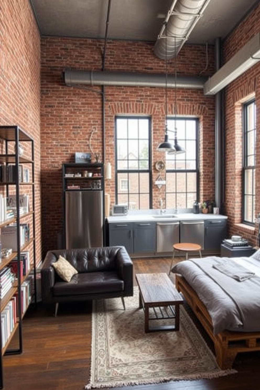 A stylish studio loft apartment featuring exposed brick walls that add a raw, urban touch. The space includes large windows that let in natural light, enhancing the warm tones of the brick. The living area is furnished with a sleek leather sofa and a reclaimed wood coffee table, creating a cozy yet modern atmosphere. A metal bookshelf stands against one wall, showcasing books and decorative items that complement the industrial theme. The kitchen boasts stainless steel appliances and open shelving made from reclaimed wood, providing both functionality and style. Pendant lights with an industrial design hang above the kitchen island, adding a striking focal point to the space. The bedroom area features a platform bed with a minimalist design, accented by soft textiles in neutral tones. A vintage rug lies beneath the bed, adding warmth and texture to the industrial chic aesthetic.