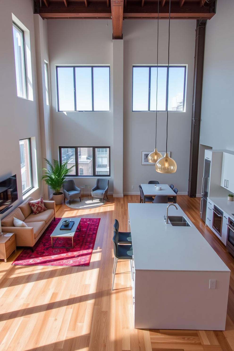 A modern studio loft apartment with an open floor plan. The bed is elevated to create under-bed storage, maximizing space and efficiency. A stylish seating area features a plush sofa and a minimalist coffee table. Large windows allow natural light to flood the room, highlighting the contemporary decor.