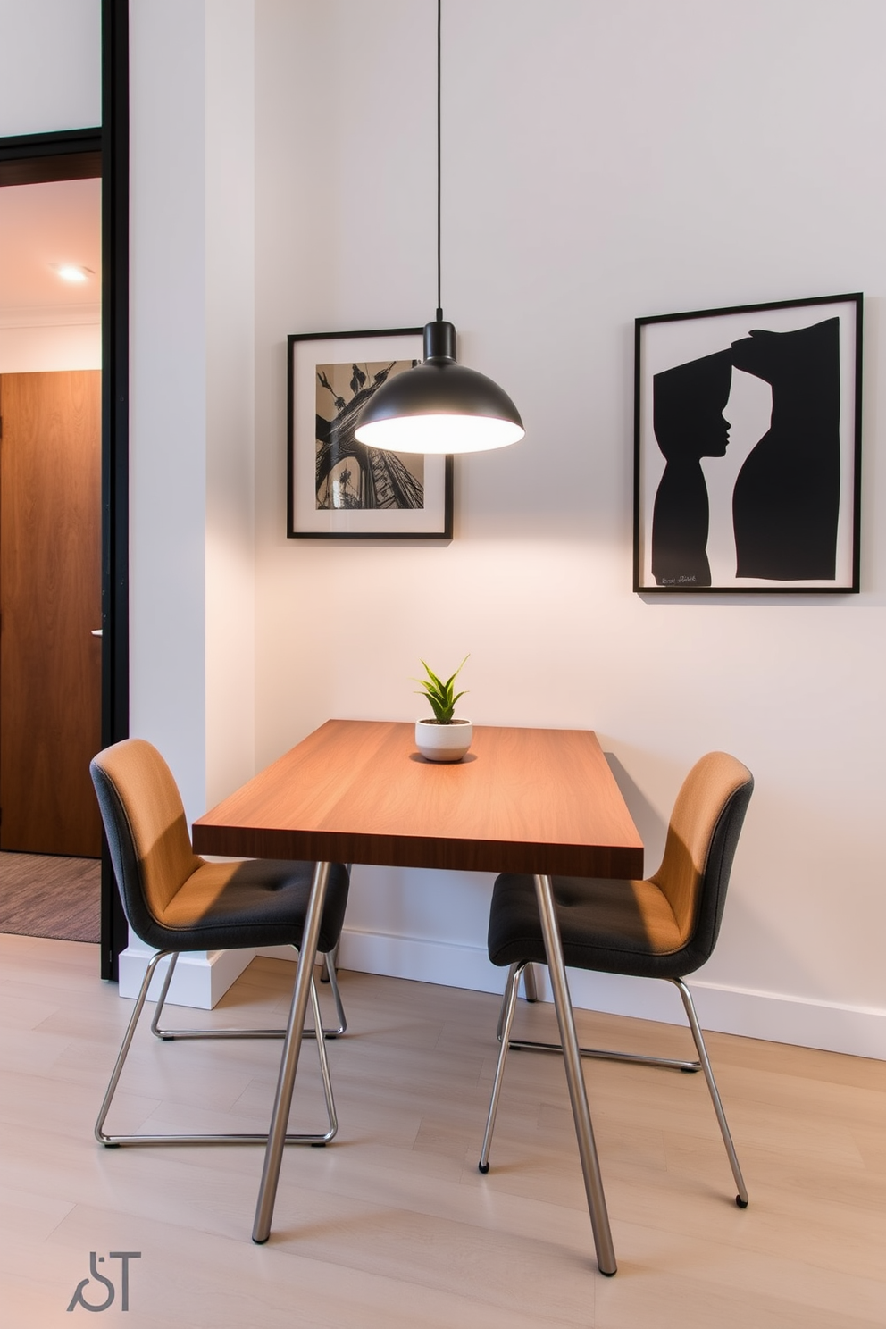 A compact dining table is set against a wall in a cozy studio loft apartment. The table features a sleek wooden finish with minimalist metal legs, surrounded by stylish upholstered chairs that add a pop of color. Above the table, a modern pendant light hangs, illuminating the space with a warm glow. The walls are adorned with art pieces that reflect a contemporary aesthetic, while a small indoor plant adds a touch of greenery to the setting.