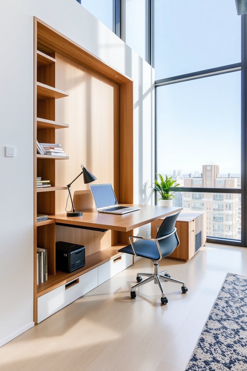 A modern studio loft featuring a sleek fold-out desk integrated into the wall for optimal workspace efficiency. The desk is surrounded by minimalist shelving, and large windows allow natural light to flood the space, highlighting the open layout and stylish decor.