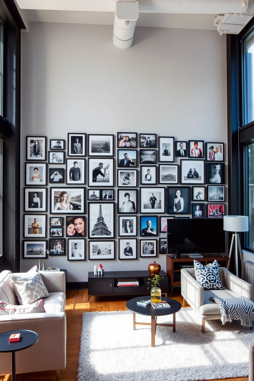 Create a gallery wall featuring a collection of personal photos in various sizes and frames. The wall is adorned with a mix of black and white images alongside colorful snapshots, creating a vibrant and personalized focal point in the room. The studio loft apartment design incorporates an open layout with high ceilings and large windows. Modern furniture pieces complement the artistic display, enhancing the overall aesthetic of the space.