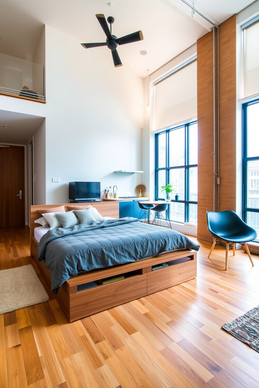 A stylish studio loft apartment features a cozy sleeping area with a platform bed that includes built-in under-bed storage for optimal organization. The open layout showcases a minimalist aesthetic with a functional kitchen and a chic living space, complemented by large windows that allow natural light to flood the room.