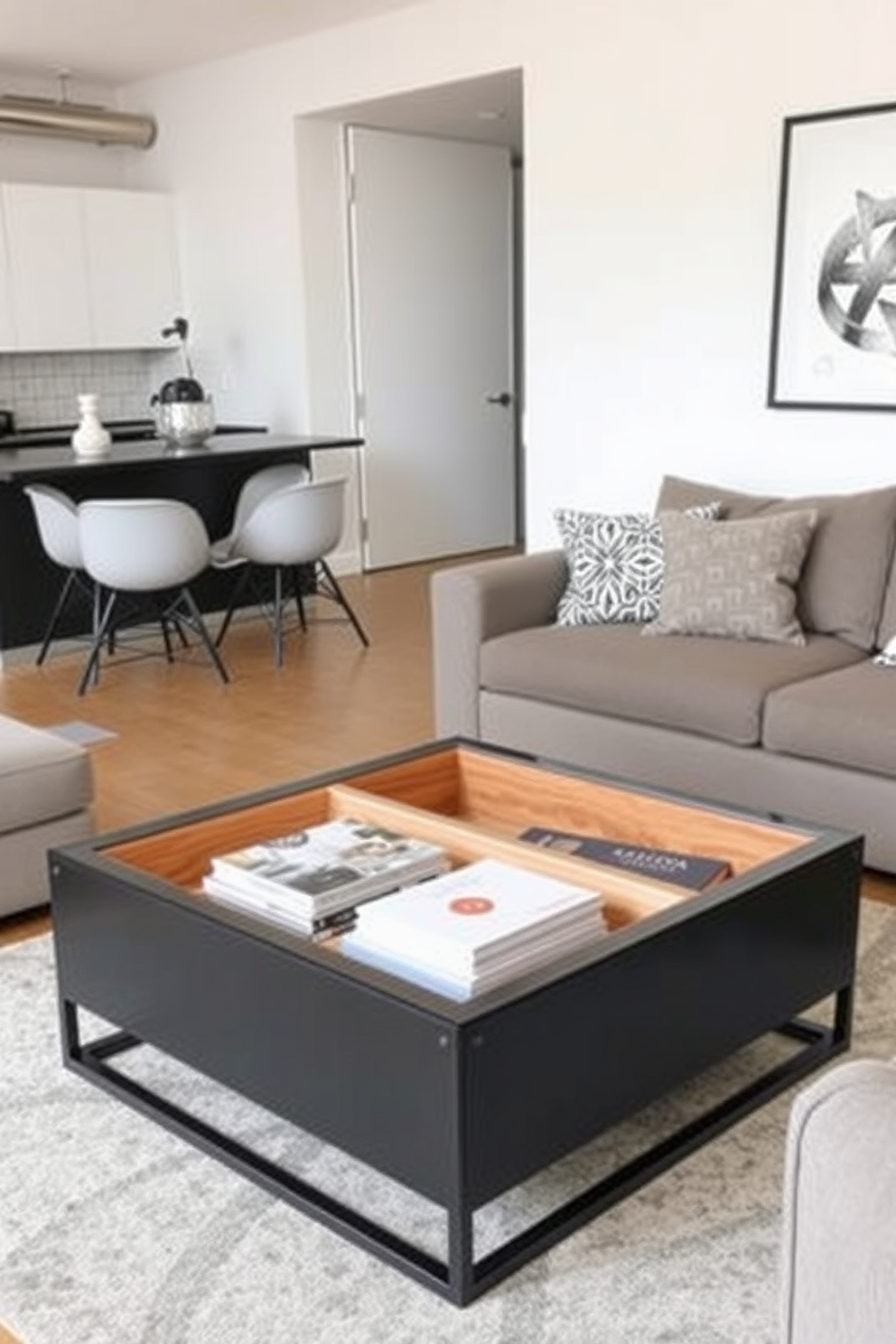 A stylish coffee table with storage sits at the center of a modern studio loft apartment. The table features a sleek design with a combination of wood and metal accents, providing both functionality and aesthetic appeal.