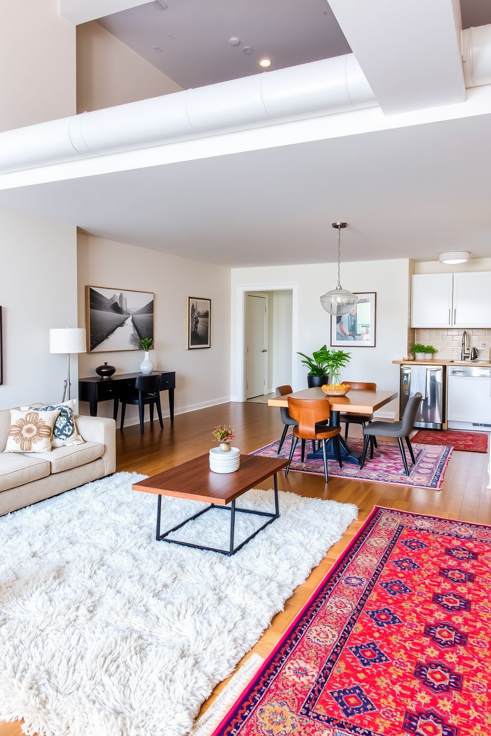 A stylish studio loft apartment with distinct living areas defined by area rugs. The living space features a plush, oversized rug in a neutral tone under a cozy seating arrangement, while a vibrant patterned rug delineates the dining area adjacent to the kitchen.