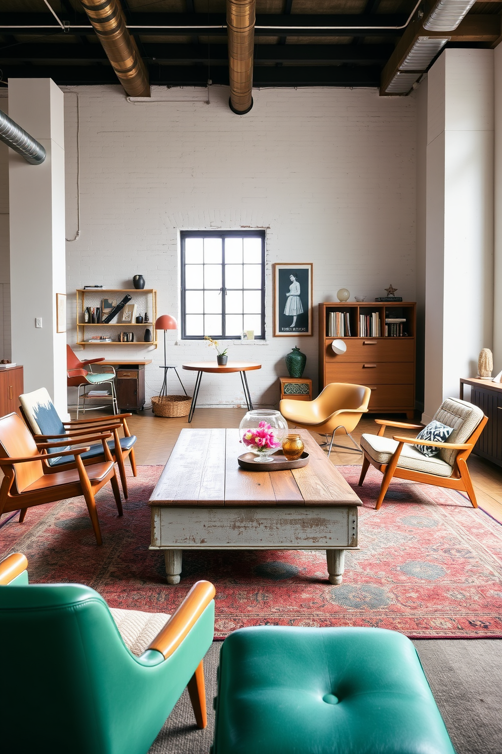 Choose vintage furniture for unique character. Incorporate a mix of mid-century chairs and a distressed wooden coffee table in a spacious studio loft.