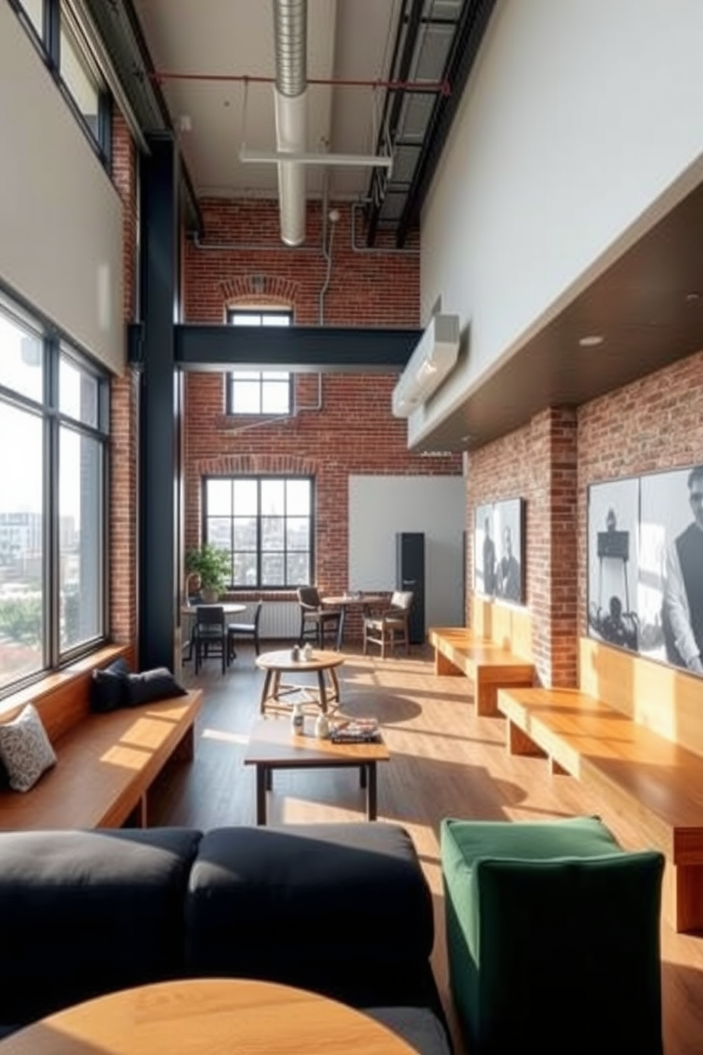 A spacious studio loft apartment features built-in benches along the walls, providing ample seating for relaxation and socializing. The open layout showcases a blend of modern and industrial design elements, with exposed brick walls and large windows allowing natural light to flood the space.