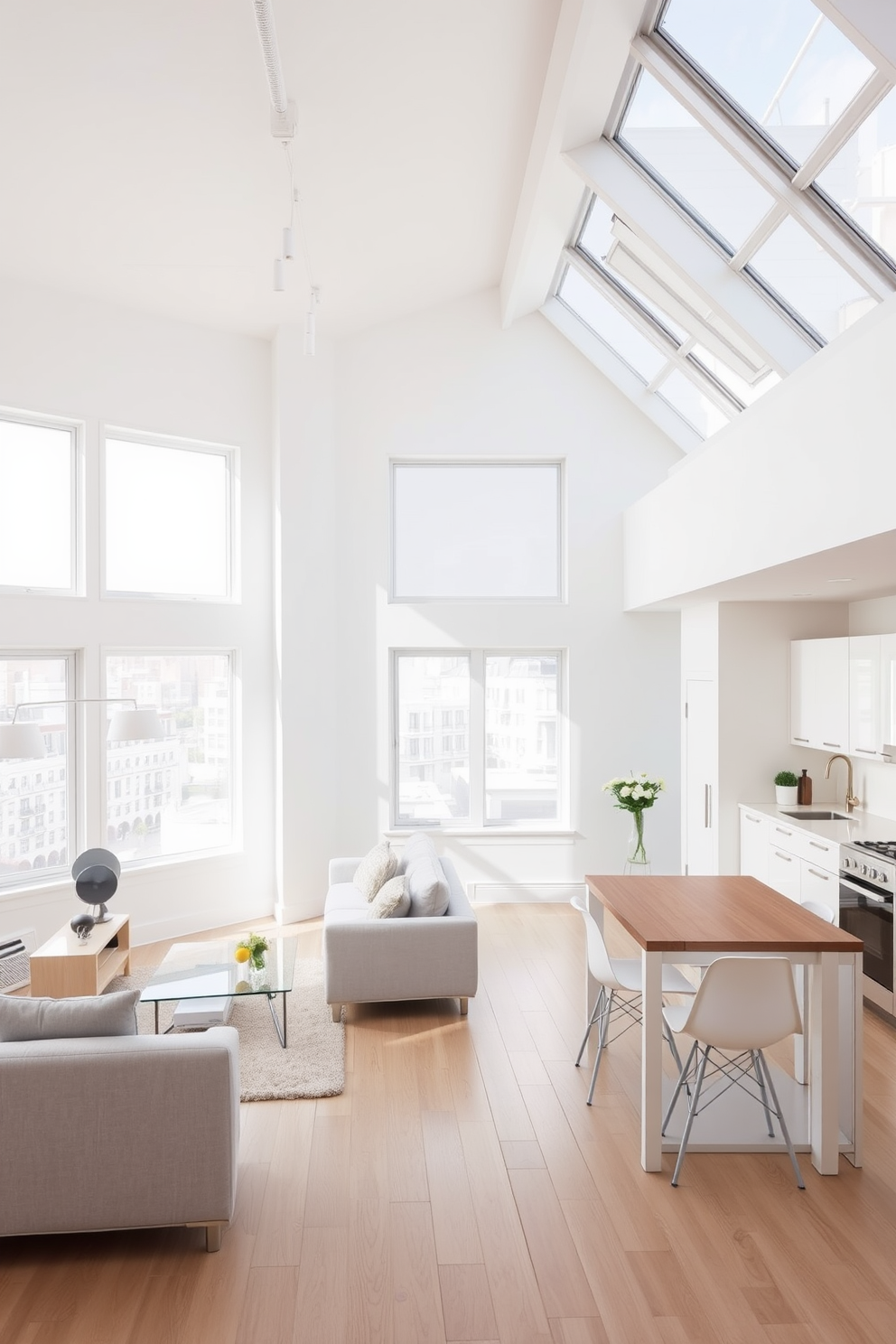 A bright and airy studio loft apartment features large windows that flood the space with natural light. The walls are painted in soft whites and pale pastels, creating a serene backdrop for the minimalist furnishings. The open layout includes a cozy seating area with a light gray sofa and a glass coffee table. A wooden dining table with white chairs sits adjacent to the kitchen, which boasts sleek white cabinets and stainless steel appliances.