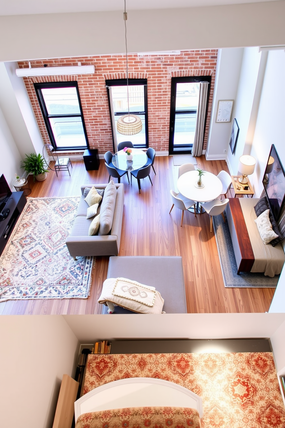 Create distinct zones with rugs in a studio loft apartment. The living area features a plush area rug that defines the seating space, while a contrasting rug in the dining nook adds warmth and texture.