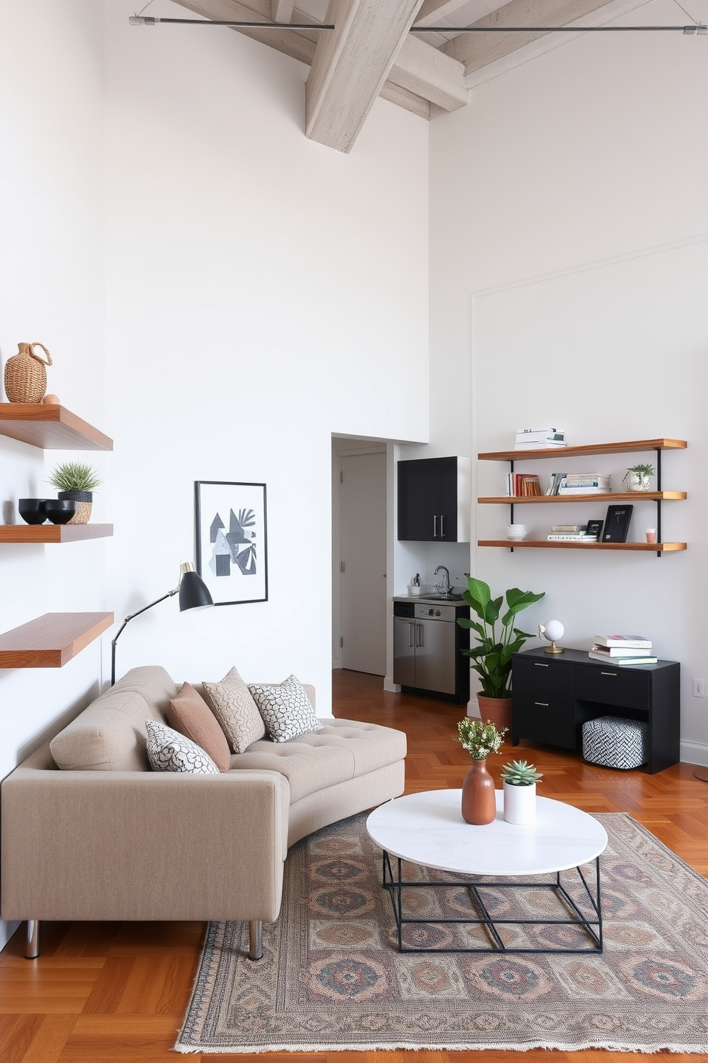 A stylish studio loft apartment featuring floating shelves made of reclaimed wood along the walls. The open space is adorned with a cozy seating area that includes a plush sofa and a chic coffee table, creating a welcoming atmosphere.