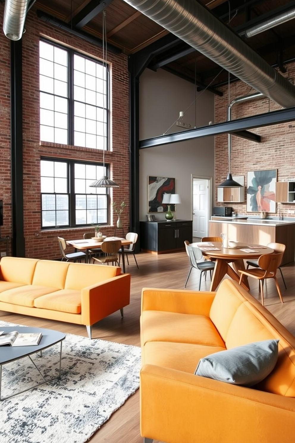 A stylish studio loft apartment features a bold accent wall painted in deep navy blue that contrasts beautifully with the light wood flooring. The space is filled with modern furniture, including a sleek gray sofa and a glass coffee table, creating an inviting atmosphere. Large windows allow natural light to flood the room, highlighting the industrial-style elements like exposed brick and metal beams. A cozy reading nook with a plush armchair and a small bookshelf is situated near the window, perfect for relaxation.