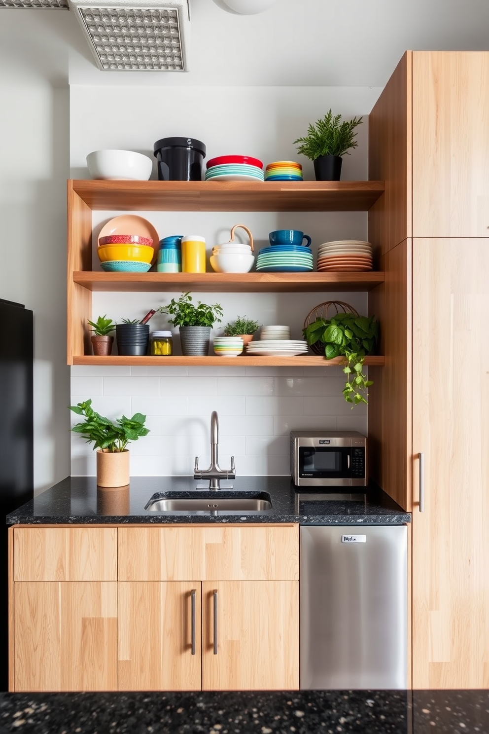 A stylish kitchen in a studio loft apartment features open shelving made of reclaimed wood, displaying an array of colorful dishware and potted herbs. The backsplash is a sleek subway tile in a glossy finish, and the countertops are a rich, dark granite that contrasts beautifully with the light wood cabinetry.