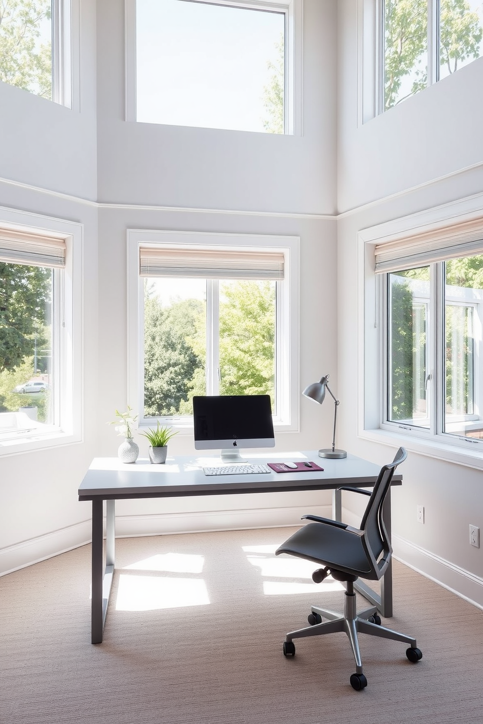 A minimalist desk is positioned in a well-lit study room, surrounded by large windows that allow abundant natural light to flood the space. The desk features clean lines and a simple design, complemented by a comfortable ergonomic chair that enhances the room's functionality. Soft neutral tones dominate the walls, creating a serene atmosphere that promotes focus and productivity. A few carefully chosen decorative elements, such as a small potted plant and a stylish lamp, add a touch of personality without cluttering the space.