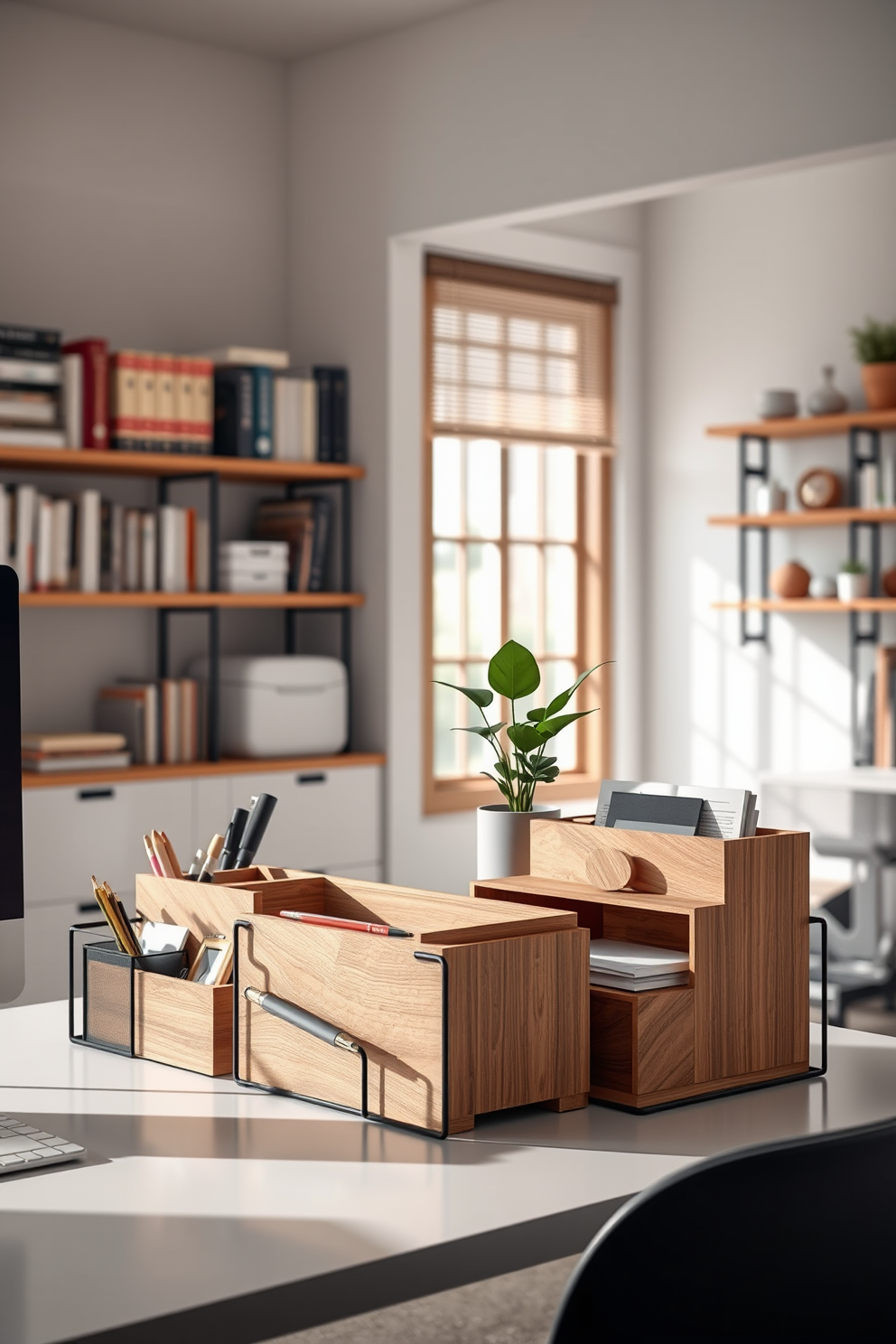 A vibrant study room filled with creative wall art. The walls are adorned with a mix of framed prints and canvases that inspire creativity and focus. A large wooden desk sits in front of a window, allowing natural light to flood the space. Shelves filled with books and decorative items line the walls, creating an inviting atmosphere for productivity.