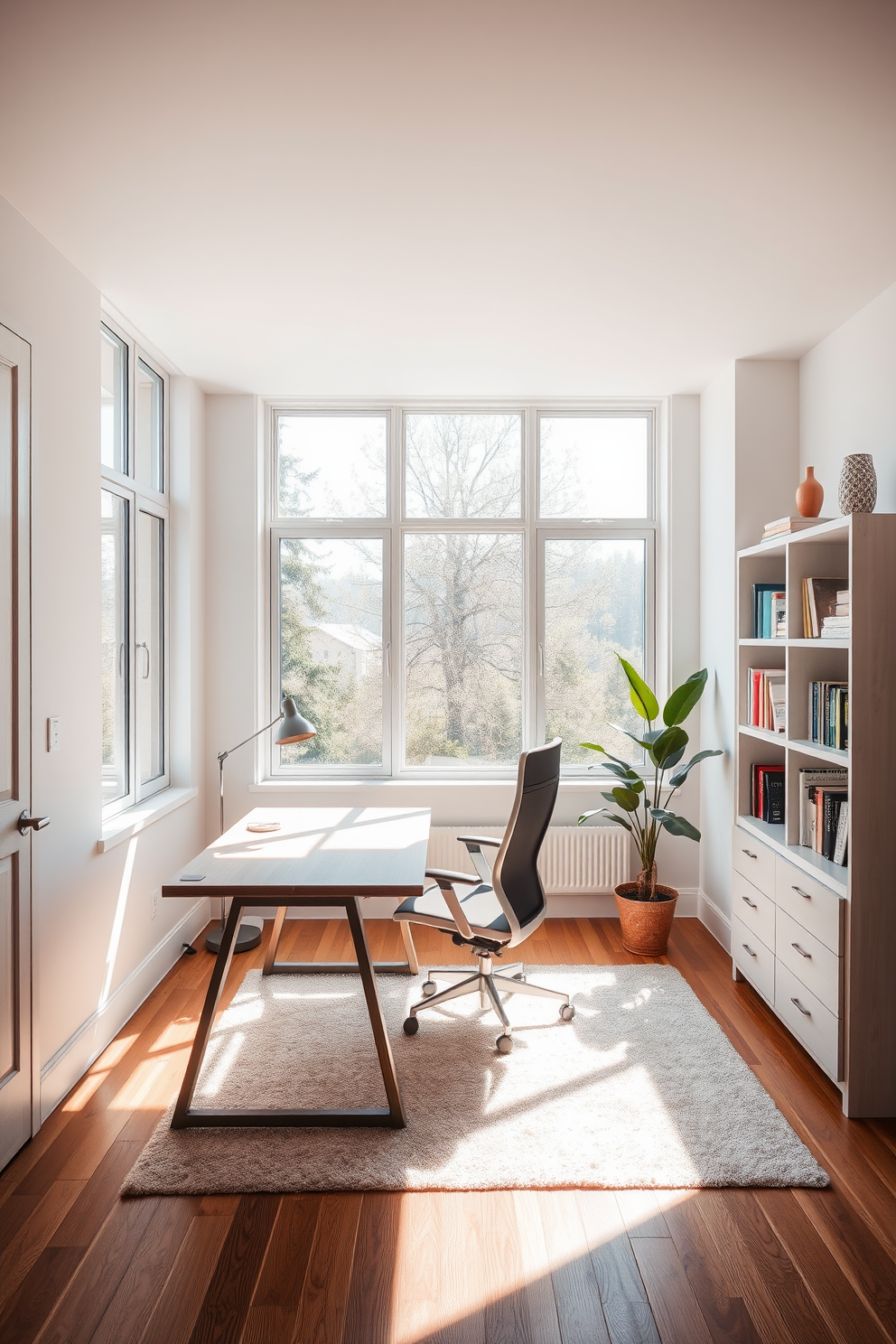 A study room filled with natural light from large windows that create a bright and airy atmosphere. The space features a sleek wooden desk positioned in front of the windows, complemented by a comfortable ergonomic chair and a stylish bookshelf filled with books and decorative items. Soft neutral colors adorn the walls, while a cozy area rug adds warmth to the hardwood floor. A modern desk lamp provides focused lighting, and a potted plant in the corner enhances the tranquil vibe of the room.