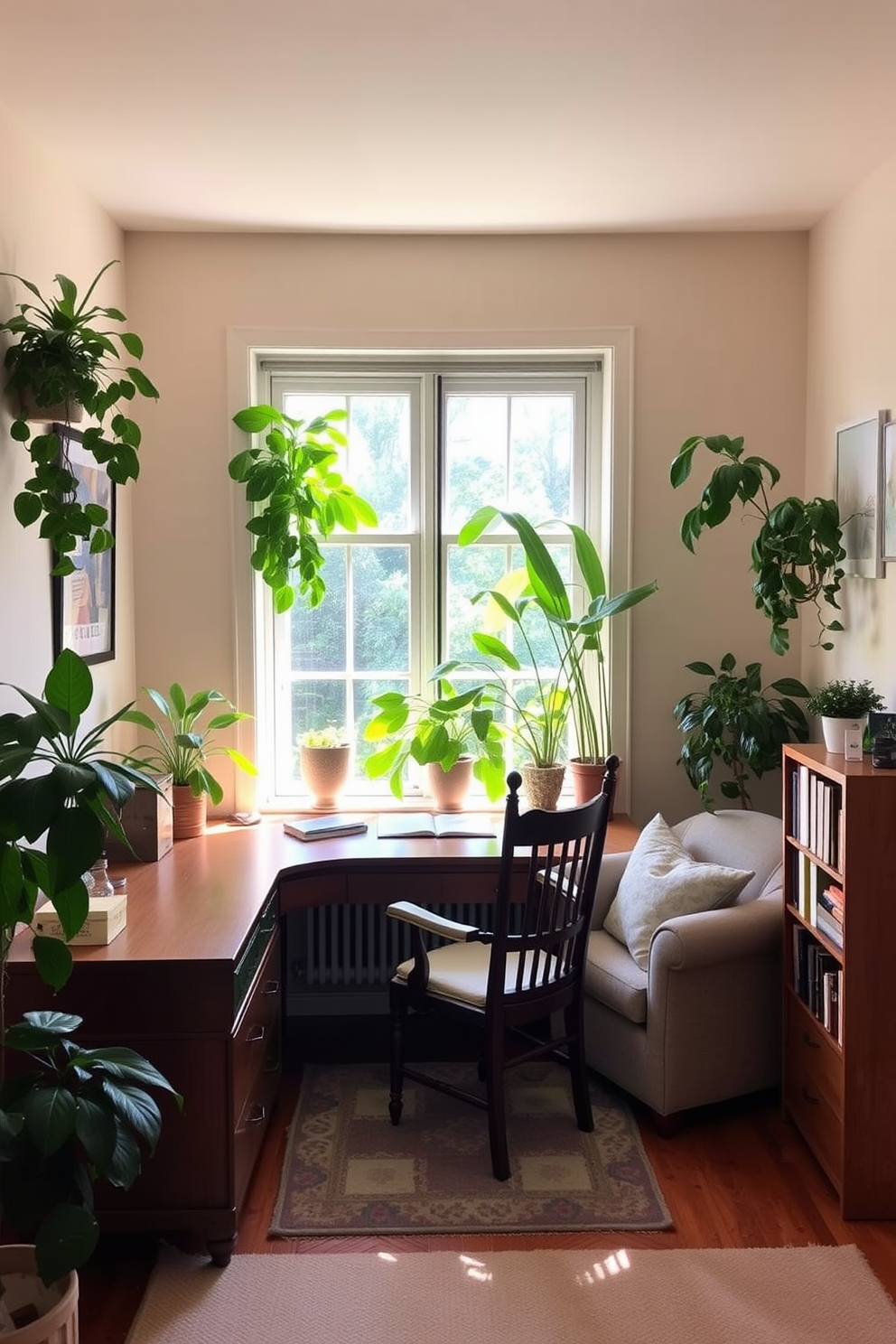 A serene study room featuring muted tones to create a calming atmosphere. The walls are painted in soft beige, complemented by a plush cream-colored rug on the floor. A sleek wooden desk sits against the window, adorned with minimalistic stationery and a small potted plant. A comfortable armchair in a light gray fabric is positioned nearby, inviting relaxation and focus.