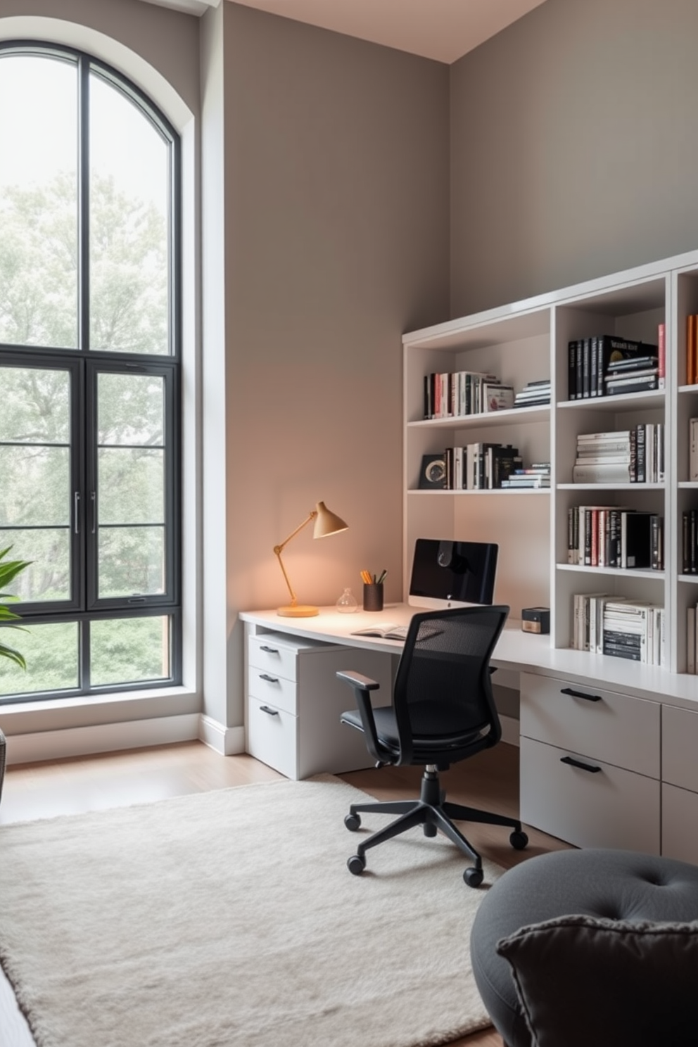 A modern study room featuring a sleek desk with a minimalist design positioned near a large window. The walls are painted in a soft gray tone, and a stylish task lamp provides focused lighting on the workspace. A comfortable ergonomic chair complements the desk, while bookshelves filled with neatly organized books line the walls. A cozy area rug adds warmth to the space, creating an inviting atmosphere for productive work sessions.