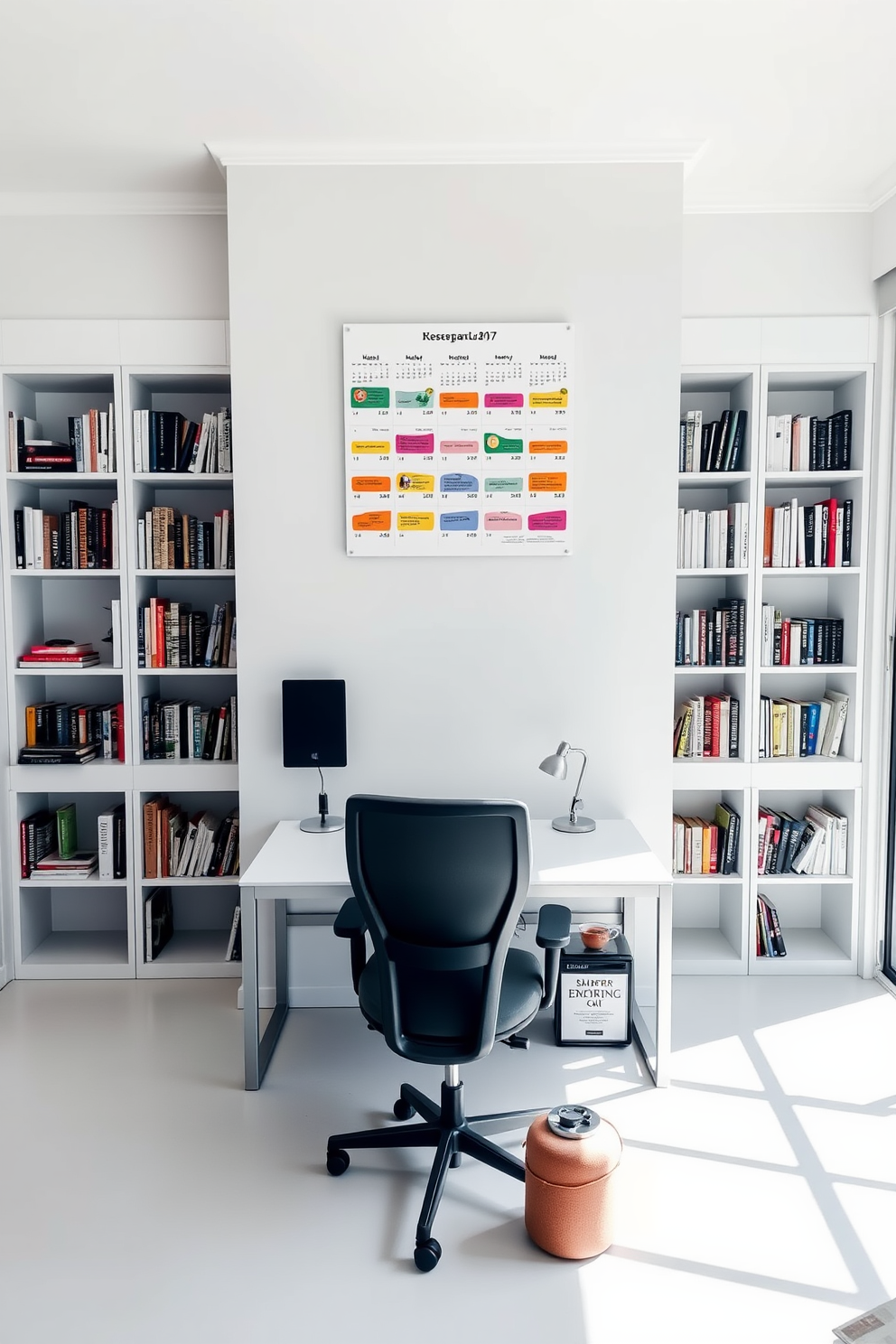 A spacious study room with large windows allowing ample natural light to flood the space. The room features a sleek wooden desk positioned near the windows, complemented by a comfortable ergonomic chair and a stylish bookshelf filled with books and decorative items.