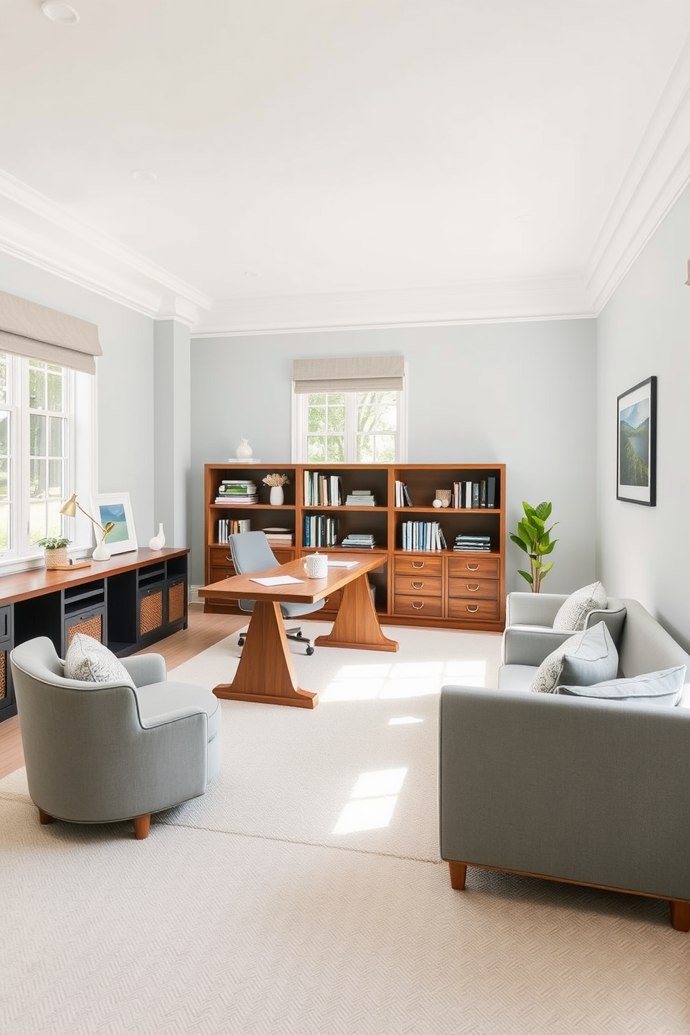 A relaxing color palette featuring soft blues and gentle grays creates a calm atmosphere. The study room is designed with a spacious wooden desk, surrounded by comfortable seating and ample natural light.