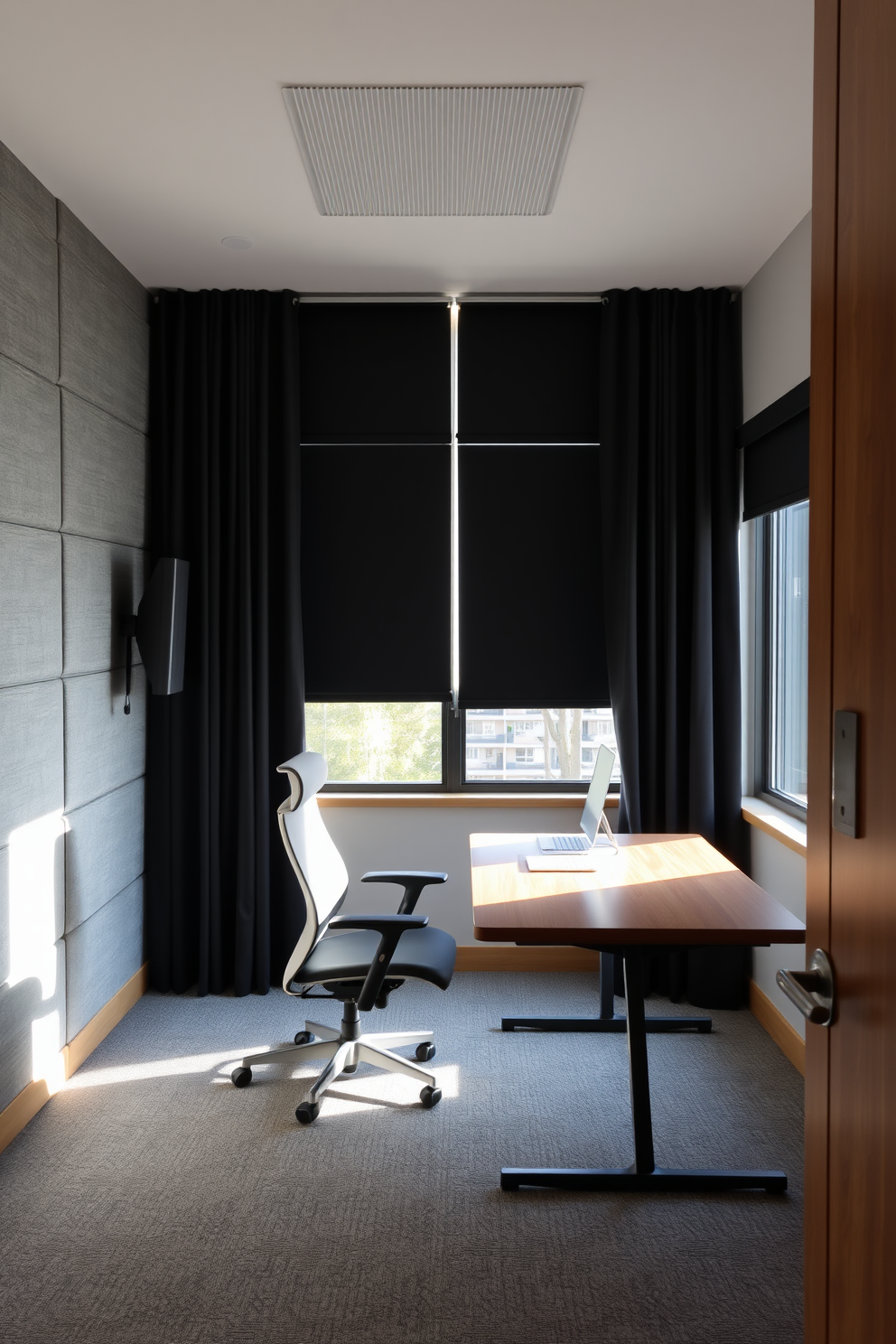 A tranquil study area designed for optimal focus. The room features soundproofing elements such as acoustic panels on the walls and a thick carpet that absorbs noise. Natural light floods the space through large windows, complemented by blackout curtains for added tranquility. A sleek wooden desk is positioned against the wall, accompanied by an ergonomic chair to enhance comfort during long study sessions.