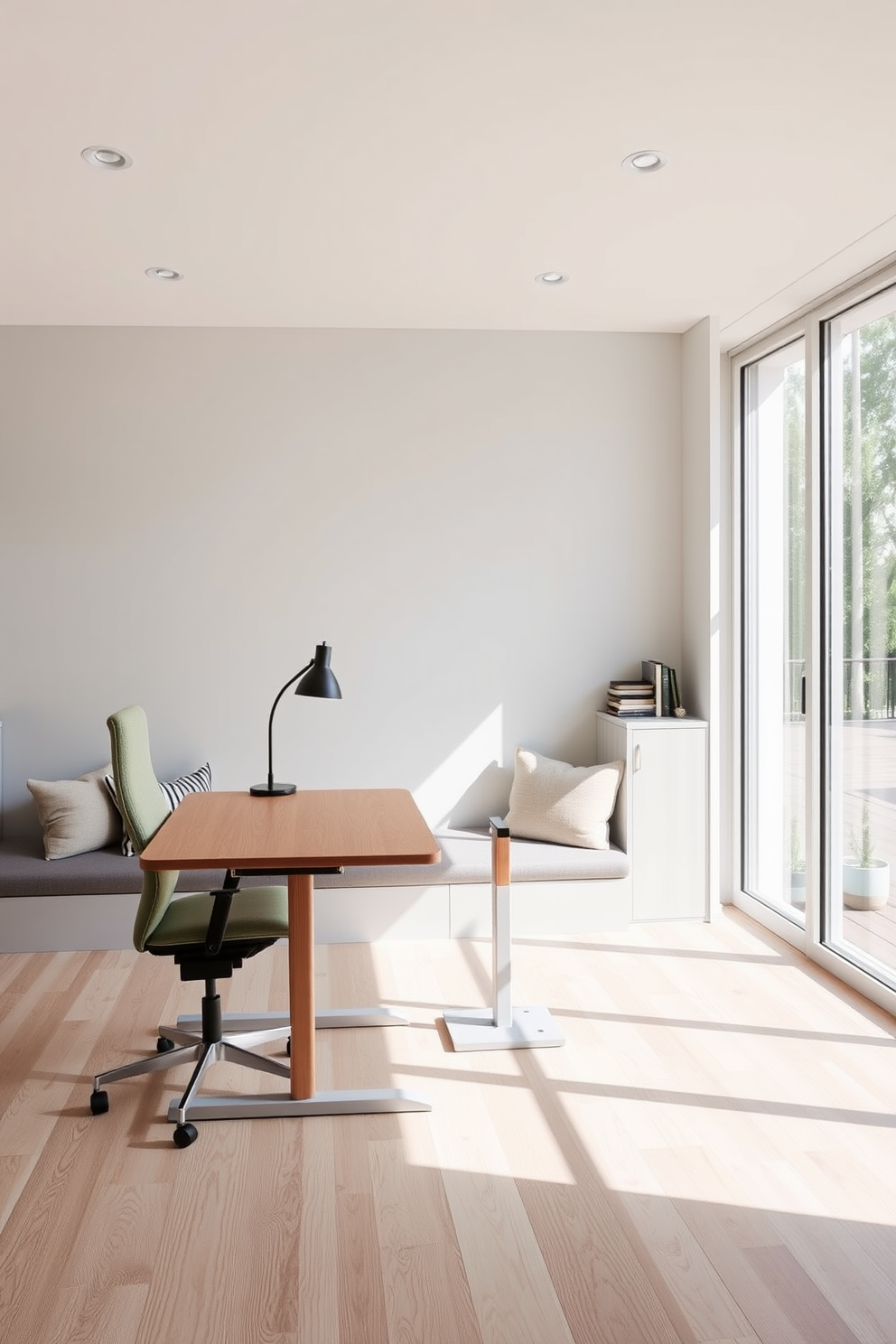 A modern study room featuring an adjustable desk that allows for both sitting and standing positions. The desk is made of sleek wood with a minimalist design, complemented by an ergonomic chair in a soft fabric. The walls are painted in a calming light gray, creating a serene atmosphere for productivity. Natural light floods the room through large windows, with a cozy reading nook in the corner adorned with plush cushions and a small bookshelf.