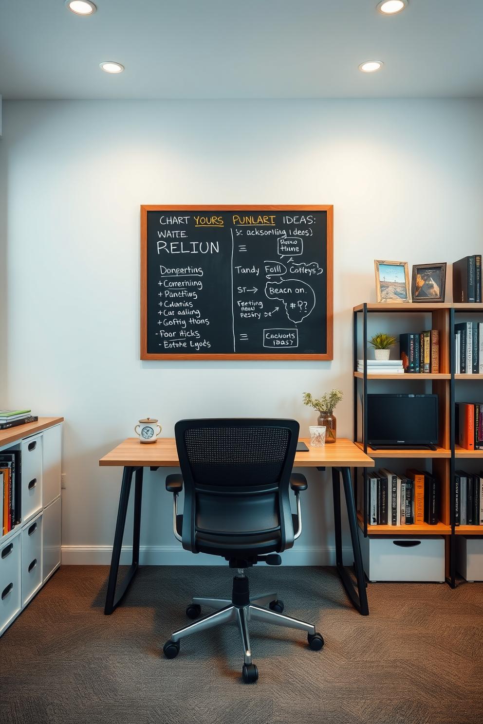 A modern study room featuring a large chalkboard mounted on the wall for brainstorming ideas. The room includes a sleek wooden desk with a comfortable ergonomic chair, surrounded by shelves filled with books and decorative items.