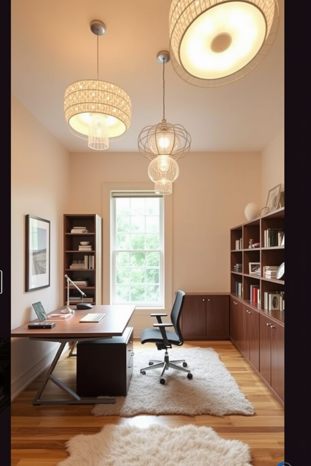 A vibrant study room featuring bold wallpaper as a statement wall. The wallpaper showcases an intricate geometric pattern in rich colors that energizes the space. In the center, a sleek wooden desk is positioned with a modern ergonomic chair. A stylish bookshelf filled with books and decorative items lines one side of the room, enhancing both functionality and aesthetics.