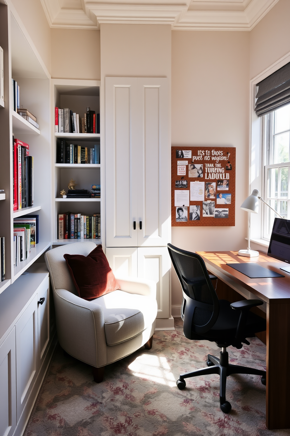 A cozy reading nook features a plush armchair upholstered in soft fabric, positioned next to a large window that allows natural light to flood the space. Built-in shelves line the walls, filled with an array of books and decorative items, creating an inviting atmosphere for relaxation and reading. The study room design includes a sleek wooden desk paired with an ergonomic chair, positioned to face the window for optimal light. A contemporary lamp sits on the desk, and a bulletin board adorned with inspiring quotes and images is mounted above, adding a personal touch to the workspace.