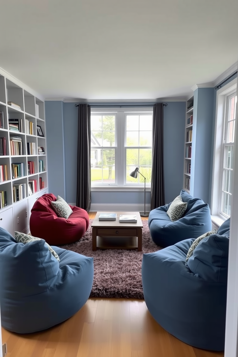 A cozy study room featuring comfortable bean bags arranged around a low coffee table. The walls are painted in a soft blue hue, and large windows allow natural light to flood the space. Bookshelves filled with colorful books line one side of the room, while a plush area rug adds warmth underfoot. A small desk with a sleek lamp sits in the corner, creating a perfect nook for focused work.