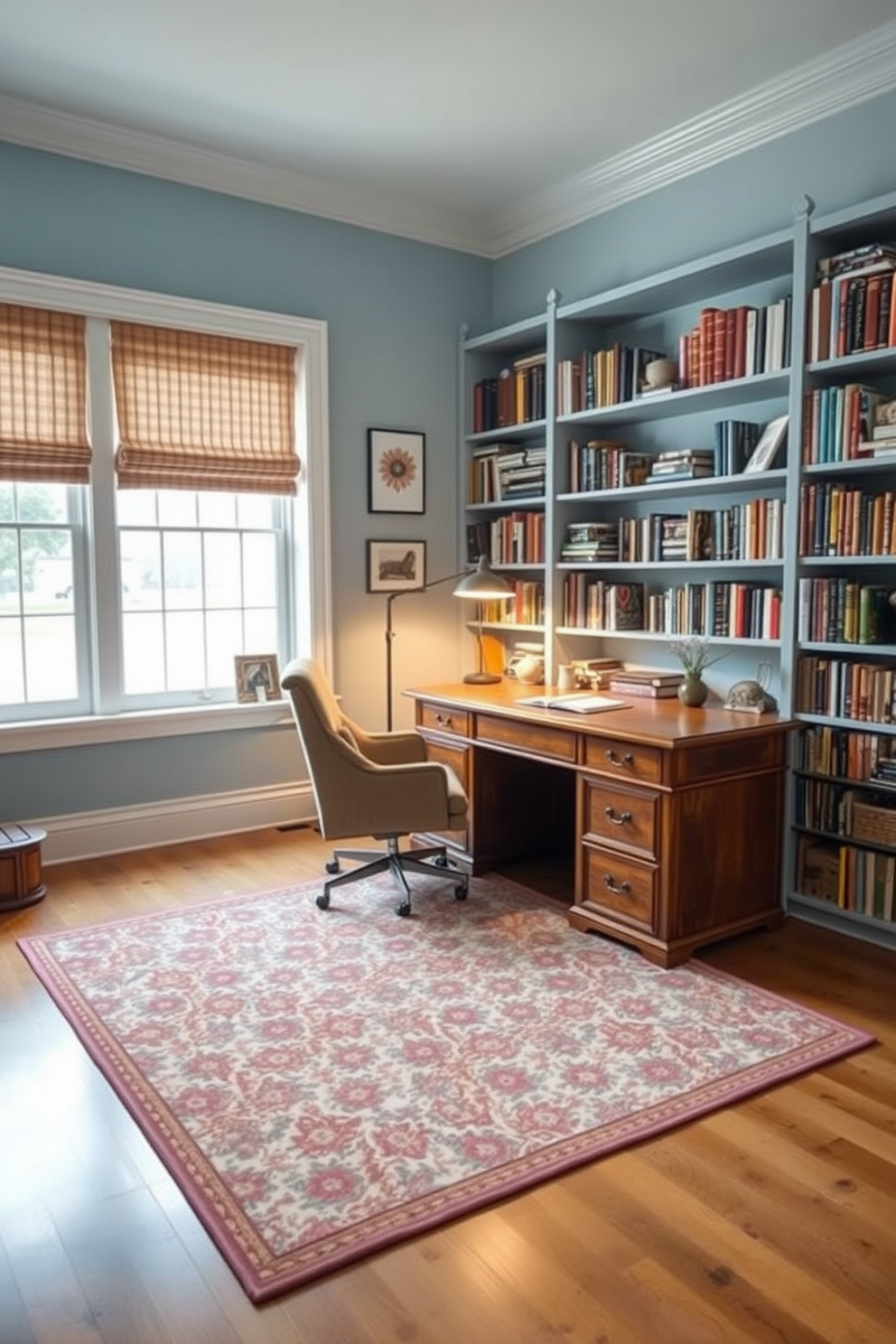 A cozy study room featuring a large wooden desk positioned against a wall lined with bookshelves filled with books and decorative items. A comfortable armchair is placed in the corner next to a floor lamp, creating a perfect reading nook bathed in warm light. The walls are painted in a soft blue hue, providing a calming atmosphere, while a large window allows natural light to flood the room. A patterned area rug lies under the desk and chair, adding texture and warmth to the space.