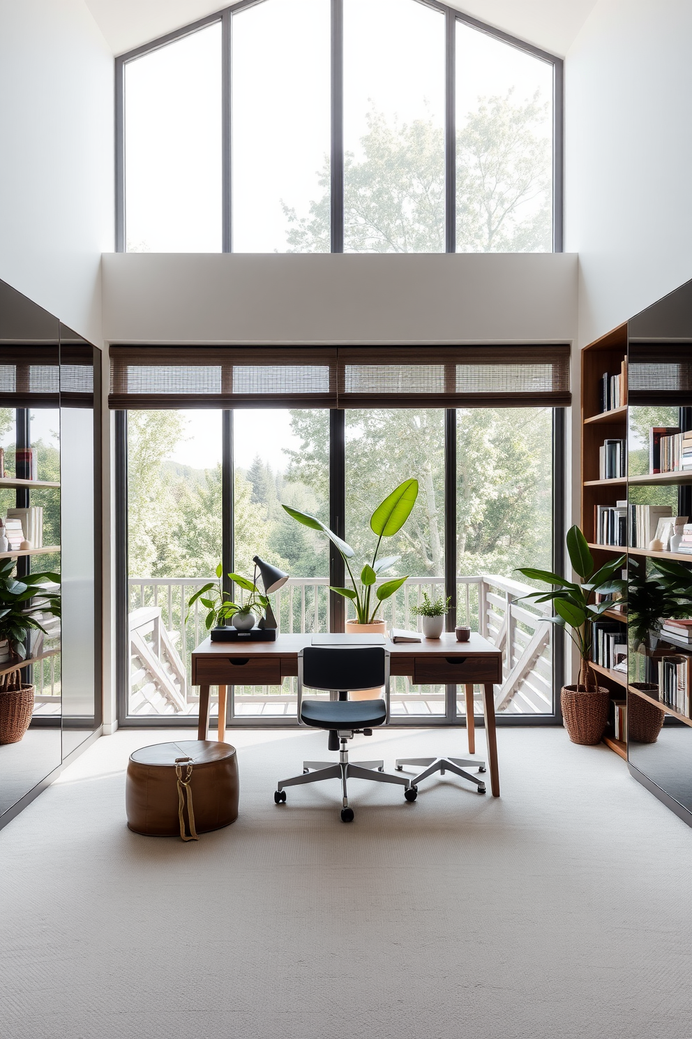 A modern study room featuring large floor-to-ceiling windows that allow natural light to flood the space. A sleek wooden desk is positioned in front of the windows, complemented by an ergonomic chair and a stylish bookshelf filled with books and decorative items. Mirrors are strategically placed on the walls to enhance the sense of depth and openness in the room. The color palette includes soft neutrals with pops of green from indoor plants, creating a serene and inspiring environment for productivity.