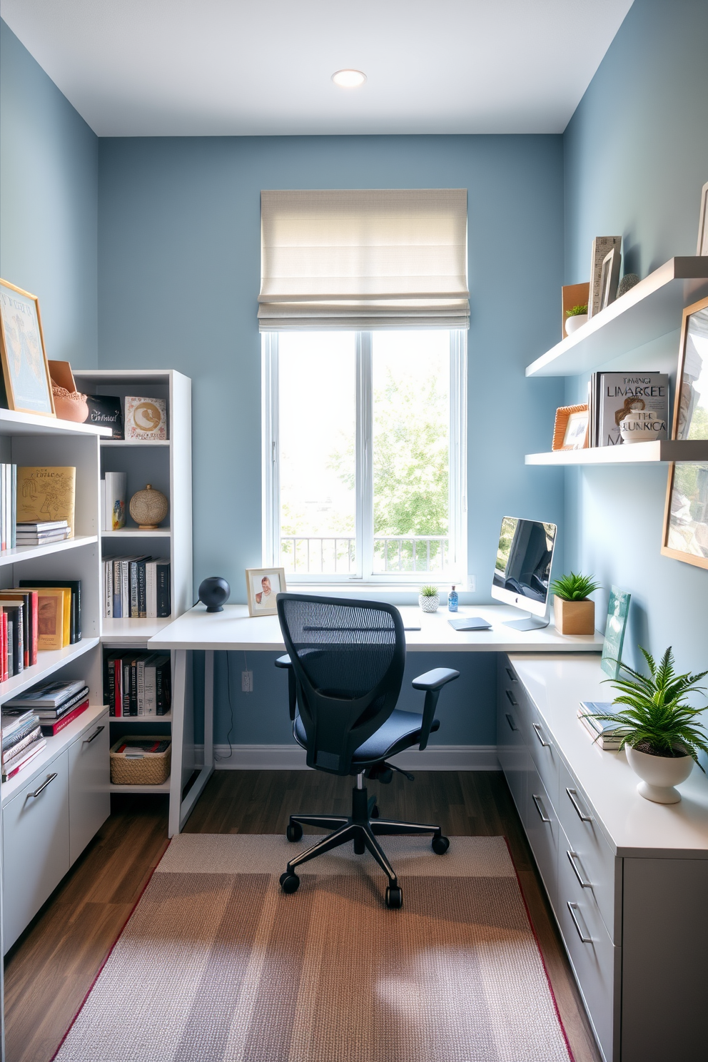 A vibrant study room featuring colorful rugs that define the space. The rugs are layered in various patterns and hues, adding warmth and personality to the room's atmosphere. The study area includes a sleek wooden desk positioned near a large window for natural light. Bookshelves filled with an array of books and decorative items line the walls, creating an inviting and inspiring environment.