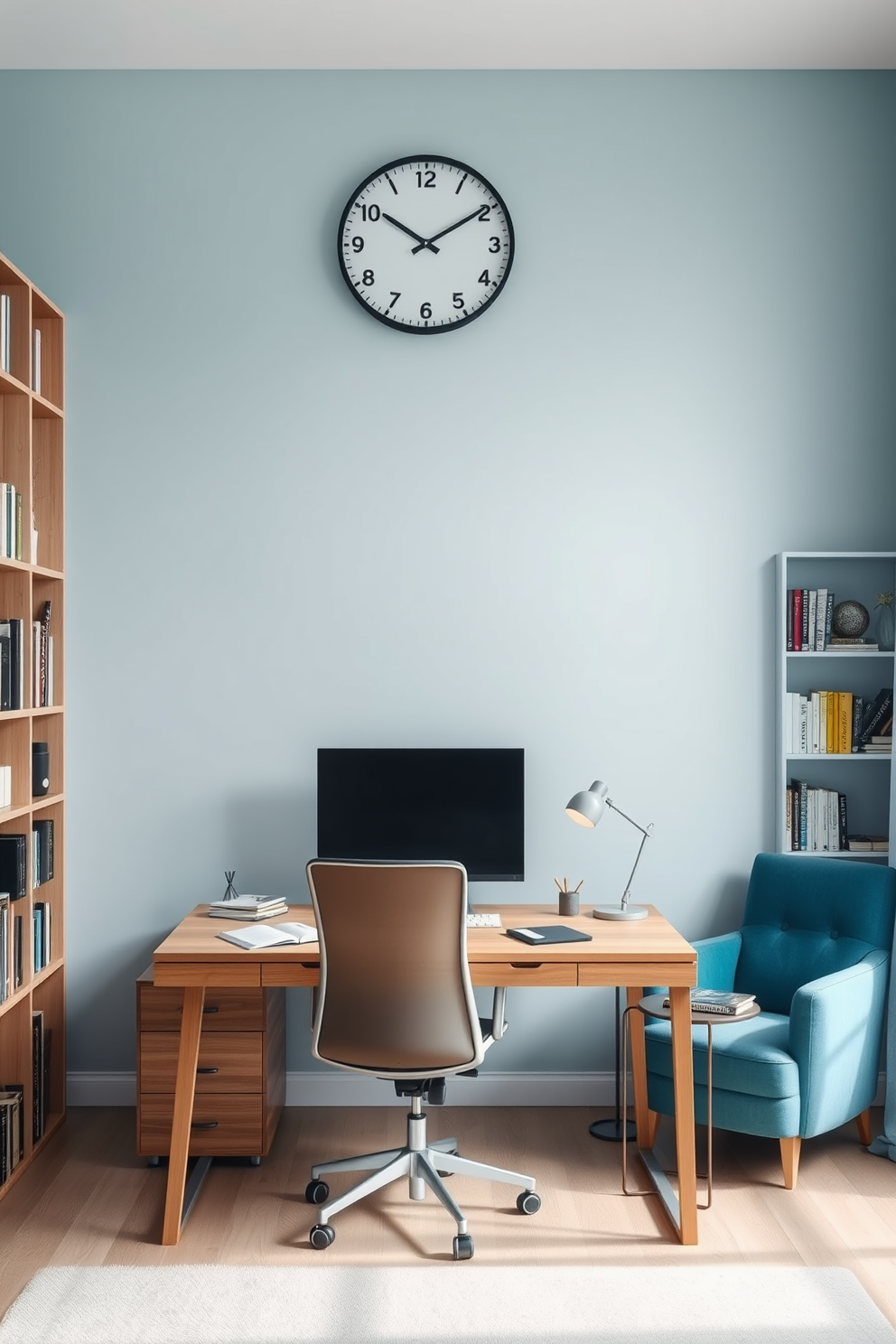 A stylish clock is mounted on the wall above a sleek wooden desk in a modern study room. The desk is paired with a comfortable ergonomic chair, creating a perfect workspace for productivity. The walls are painted in a calming light blue, while a large bookshelf filled with neatly organized books lines one side of the room. A cozy reading nook with a plush armchair and a small side table is positioned near a window, allowing natural light to flood the space.