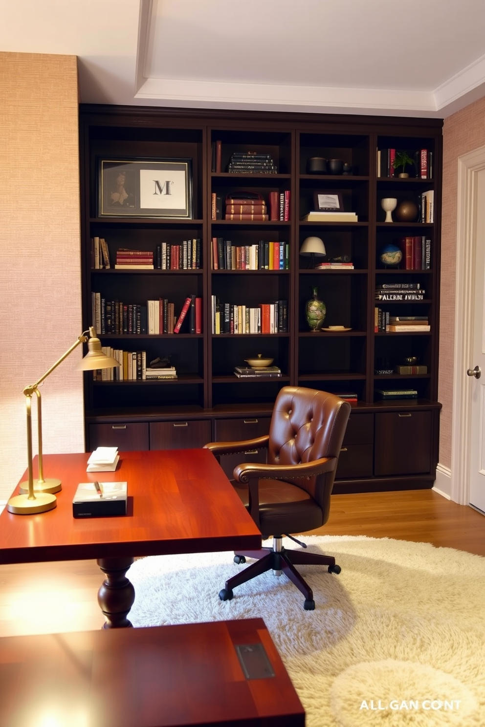 A contemporary study room featuring a sleek glass desk with integrated charging ports for devices. The walls are adorned with built-in bookshelves filled with books and decorative items, while a comfortable ergonomic chair provides support for long hours of work. Soft ambient lighting is provided by recessed ceiling lights, complemented by a stylish desk lamp. A large window allows natural light to flood the space, creating an inviting atmosphere for productivity and creativity.