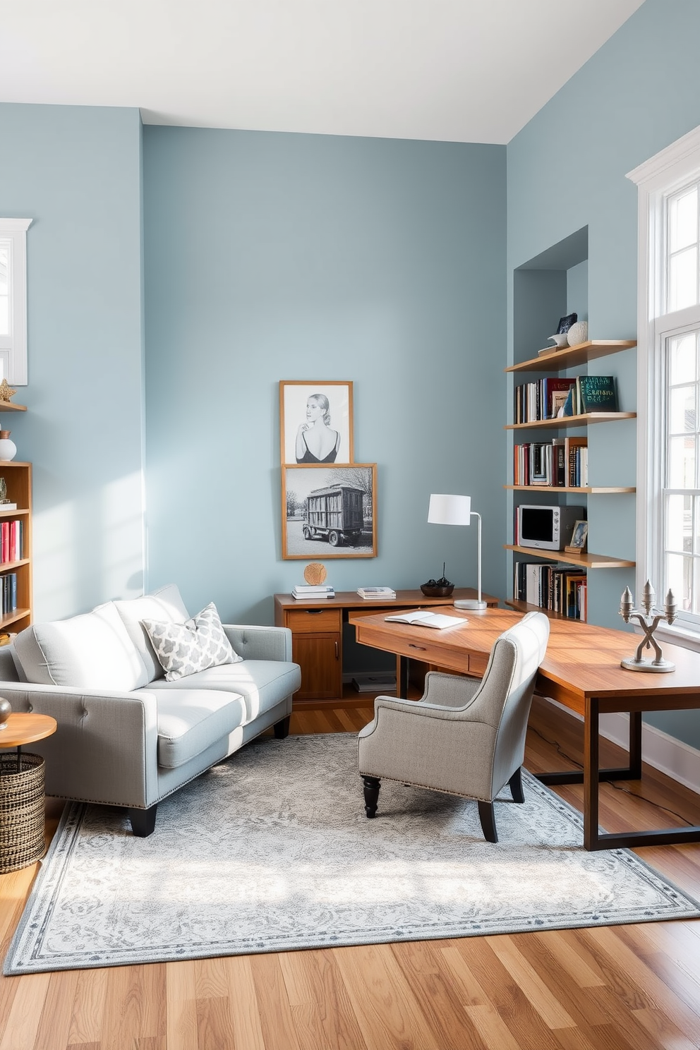 A cozy study room featuring a plush, oversized sofa in a soft gray fabric positioned against the wall. A large wooden desk with a modern lamp sits opposite the sofa, surrounded by shelves filled with books and decorative items. The walls are painted in a calming light blue, creating a serene atmosphere for work and relaxation. A stylish area rug underfoot adds warmth, while large windows allow natural light to flood the space.