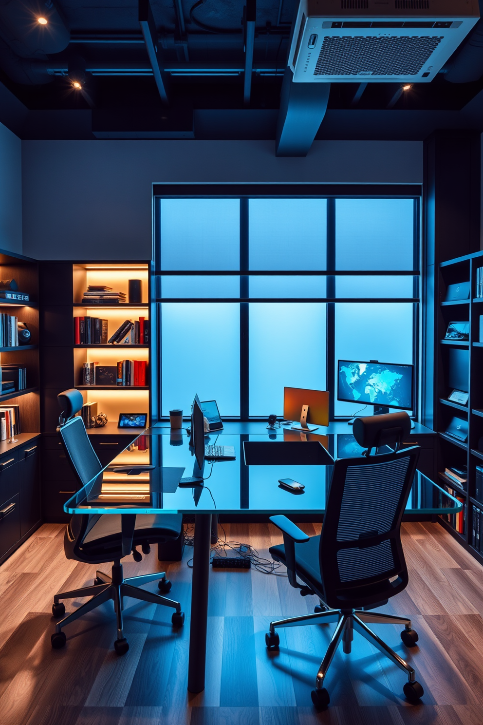 A modern study room designed for tech enthusiasts. It features a sleek glass desk with built-in cable management, surrounded by ergonomic chairs and ample shelving for books and gadgets.