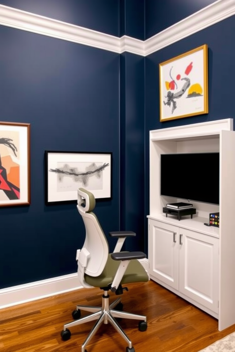 A study room featuring a bold accent wall painted in deep navy blue. The wall is adorned with inspiring abstract artwork that adds a touch of creativity to the space. The room includes a sleek wooden desk positioned against the accent wall. A comfortable ergonomic chair complements the desk, creating an inviting workspace.