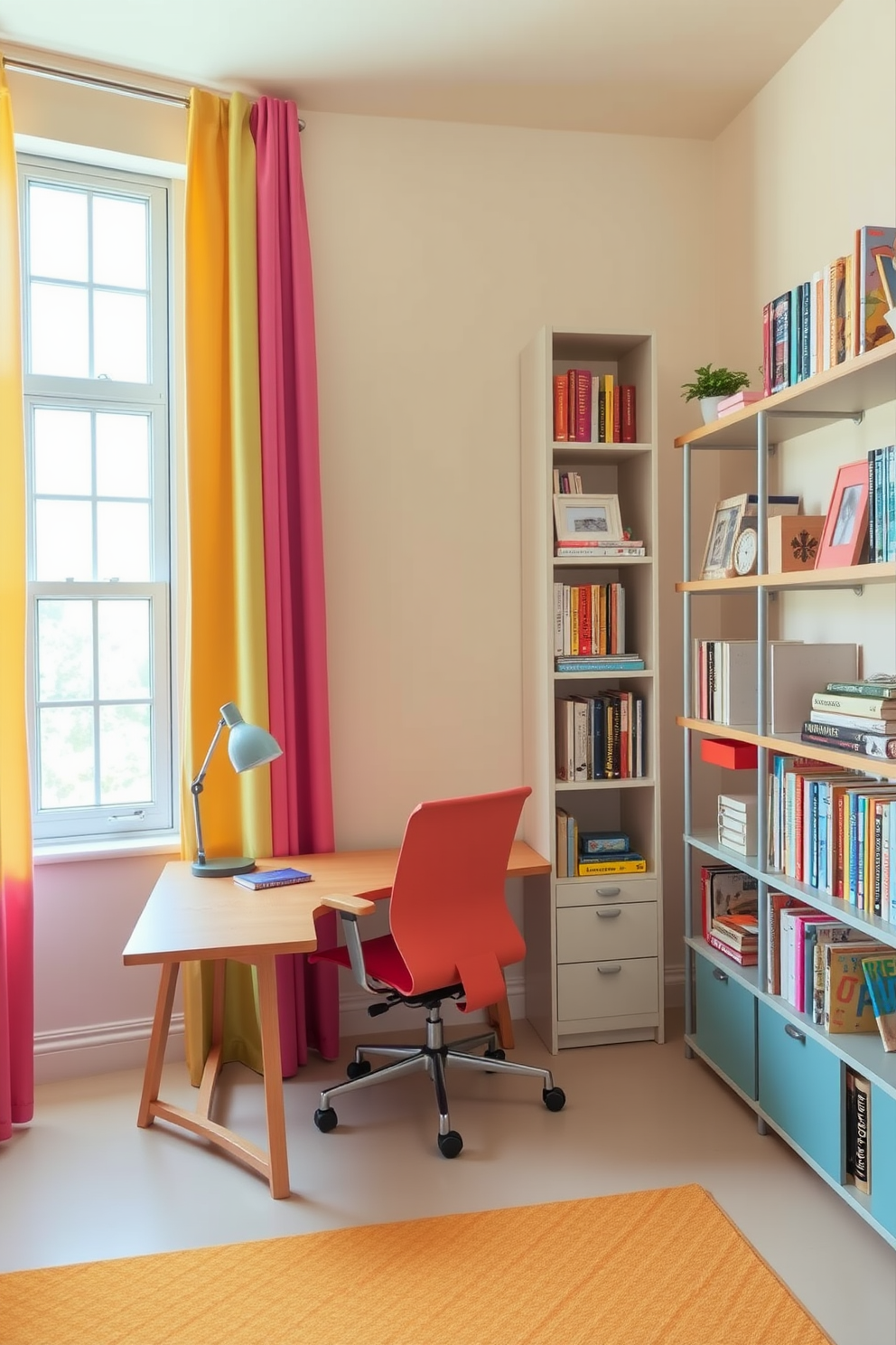 A vibrant study room filled with personality. The walls are painted in a soft pastel hue, and large colorful curtains frame the windows, creating a cheerful atmosphere. A sleek wooden desk is positioned against one wall, paired with an ergonomic chair in a bold color. Shelves filled with books and decorative items line the opposite wall, adding both functionality and style.