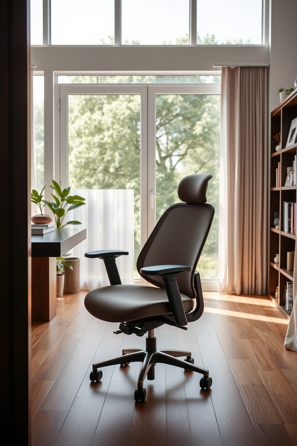 An ergonomic chair designed for maximum comfort features adjustable height and lumbar support to promote good posture. It is upholstered in a soft, breathable fabric and sits on a sturdy base with smooth-rolling casters for easy mobility. The study room is filled with natural light, thanks to large windows that offer a view of the outdoors. A sleek desk complements the chair, and shelves lined with books and decorative items add a personal touch to the space.