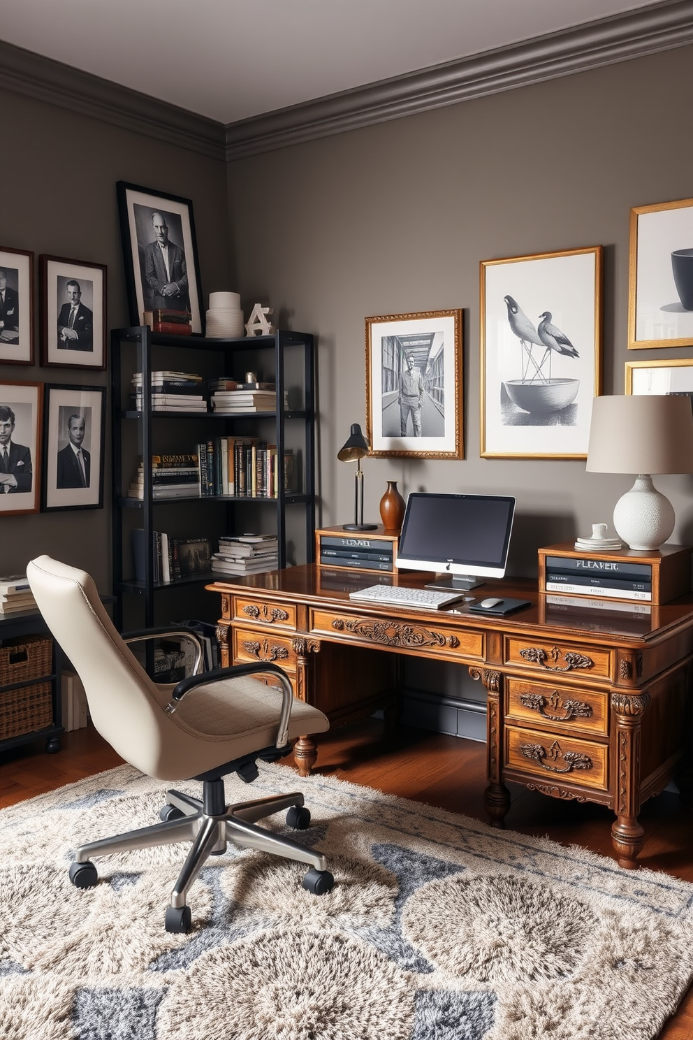 A cozy study room featuring vintage decor combined with modern elements. The room has a large wooden desk with intricate carvings paired with a sleek ergonomic chair. On the walls, there are framed black and white photographs alongside contemporary art pieces. A plush area rug in muted tones anchors the space, while shelves filled with books and decorative items add character.