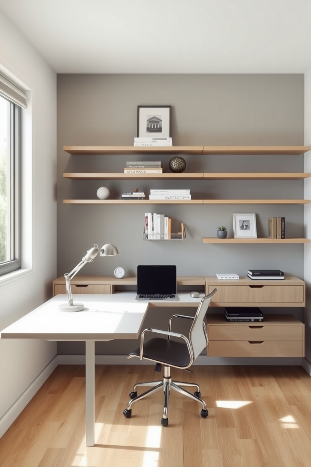 Design a study room that features floating shelves mounted on the walls for efficient space use. The room should include a sleek desk with a comfortable chair, ample natural light from a nearby window, and decorative items on the shelves to create an inviting atmosphere.