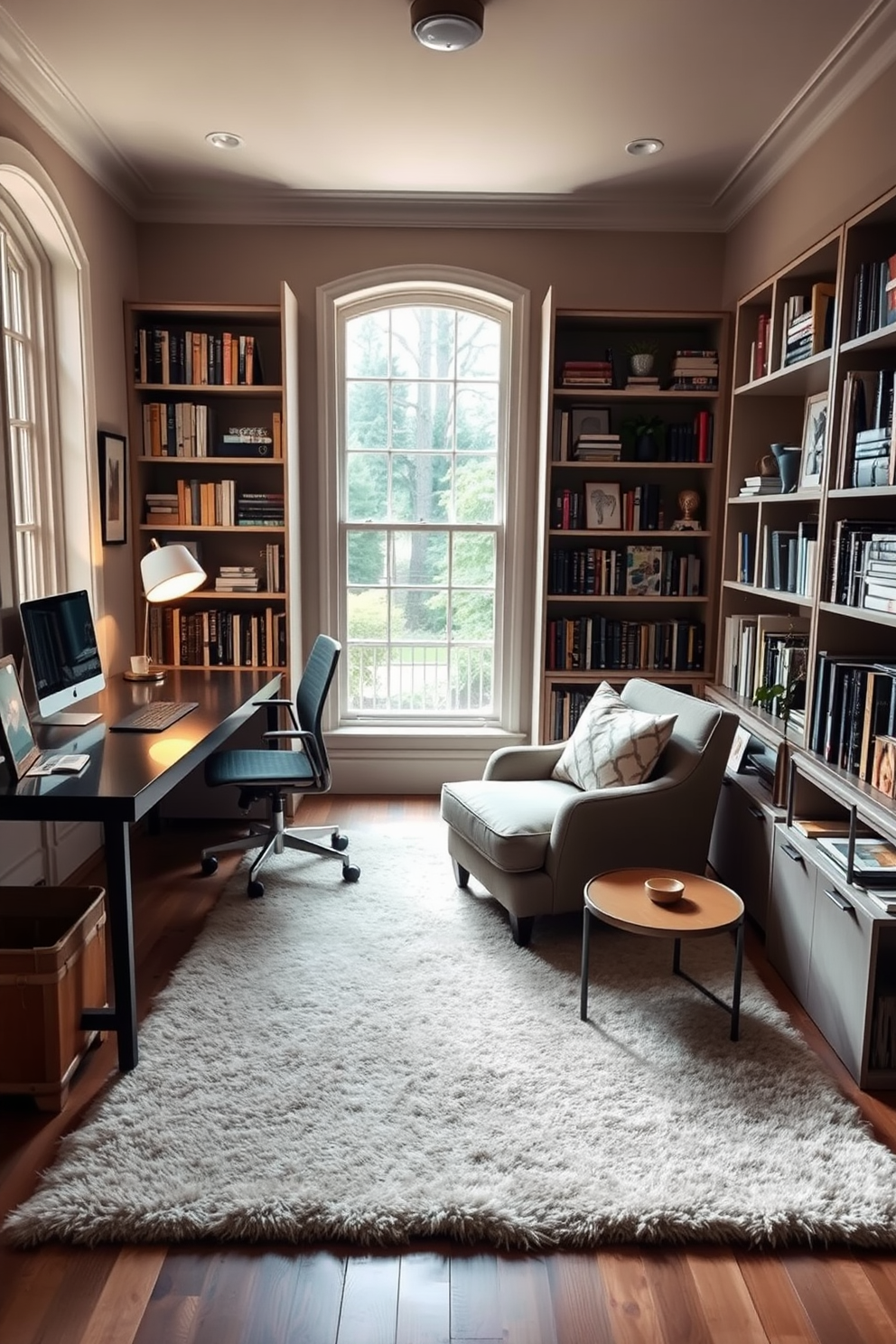 A cozy study room featuring a soft area rug that adds warmth to the space. The room is filled with natural light from a large window, complemented by a stylish desk and an ergonomic chair. Bookshelves line the walls, showcasing an array of books and decorative items. A comfortable reading nook with a plush armchair invites relaxation, while a modern lamp provides focused lighting.