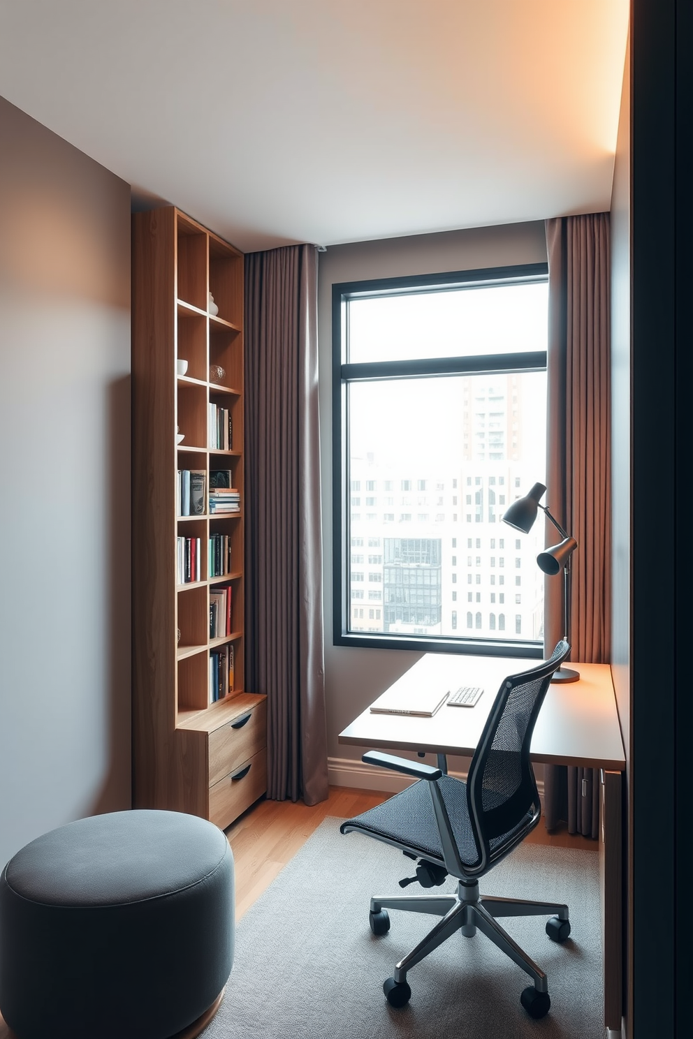 A stylish study room featuring multifunctional furniture designed for small spaces. A sleek desk with built-in storage is positioned against a wall, paired with an ergonomic chair that can be tucked away when not in use. The room includes a compact bookshelf that doubles as a divider, creating a cozy nook for reading. Soft ambient lighting highlights the space, and a large window allows natural light to flood in, enhancing the overall atmosphere.