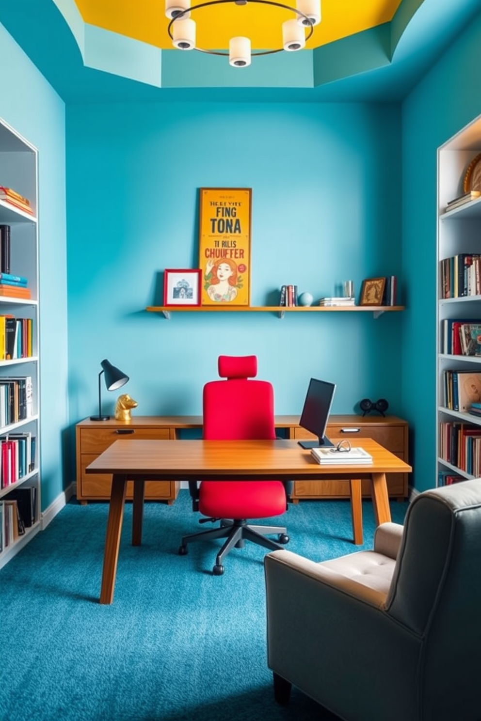 A bright and airy study room featuring an open layout that enhances the sense of space. Large windows allow natural light to flood the room, illuminating a sleek wooden desk positioned in the center. The walls are painted in a soft white, complemented by light gray accents for a modern touch. A comfortable ergonomic chair is paired with the desk, while shelves filled with books and decorative items line one side of the room.