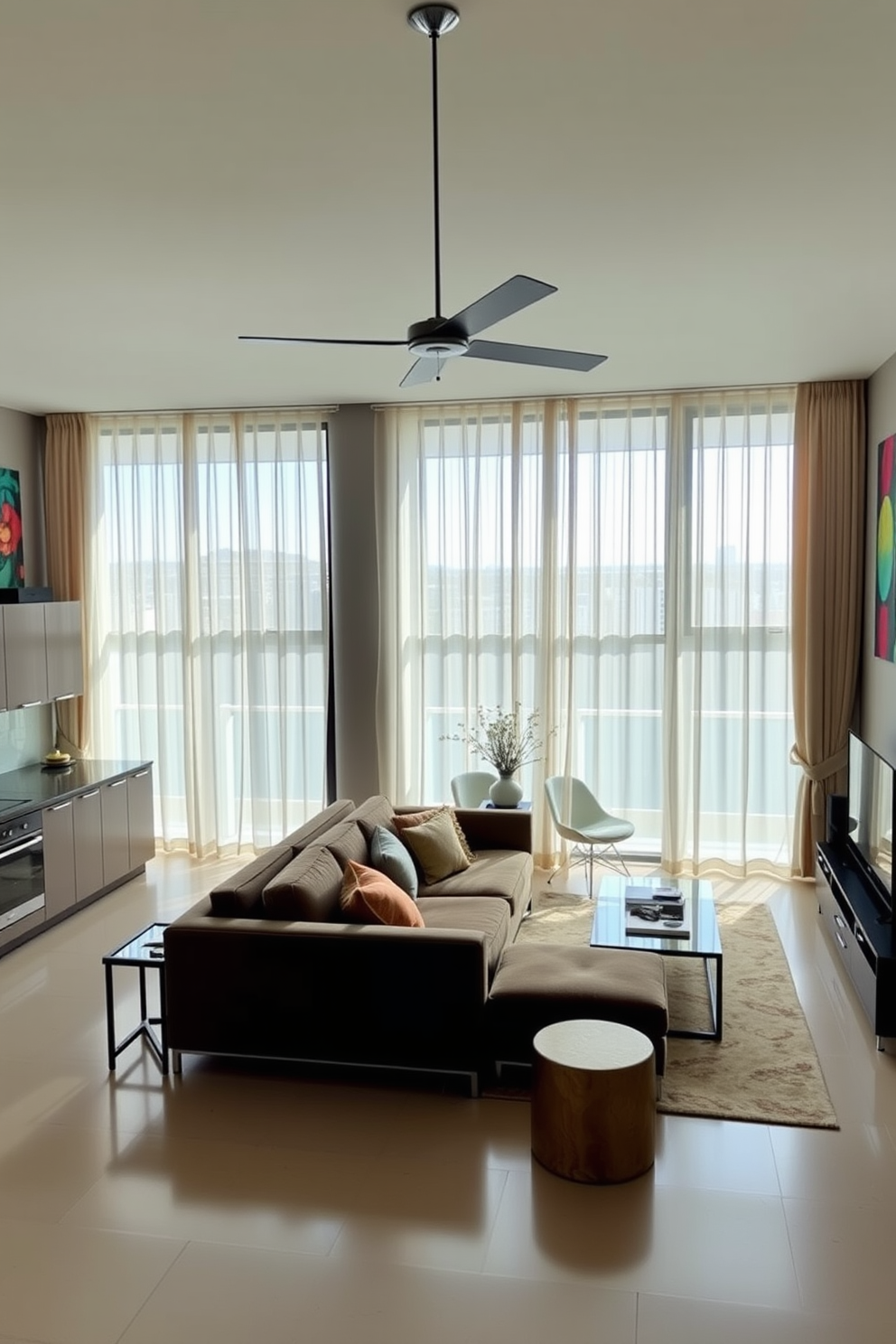 A spacious open concept living and dining area features a large sectional sofa upholstered in a soft gray fabric, accented by vibrant throw pillows. The dining area includes a sleek wooden table surrounded by modern chairs, with a statement light fixture hanging above. The walls are painted in a warm white tone, creating an inviting atmosphere. Large windows allow natural light to flood the space, highlighting the carefully curated artwork and decorative plants throughout the room.