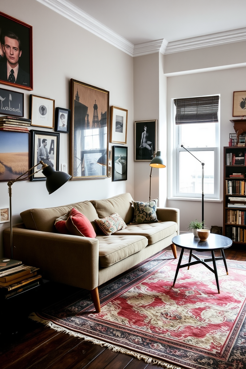 A stylish apartment design that incorporates vintage pieces for character. The living room features a mid-century modern sofa paired with an antique coffee table and a vintage rug that adds warmth to the space. The walls are adorned with eclectic art pieces, showcasing a mix of contemporary and vintage styles. A retro floor lamp stands next to a bookshelf filled with classic novels and decorative vintage items, creating a cozy reading nook.