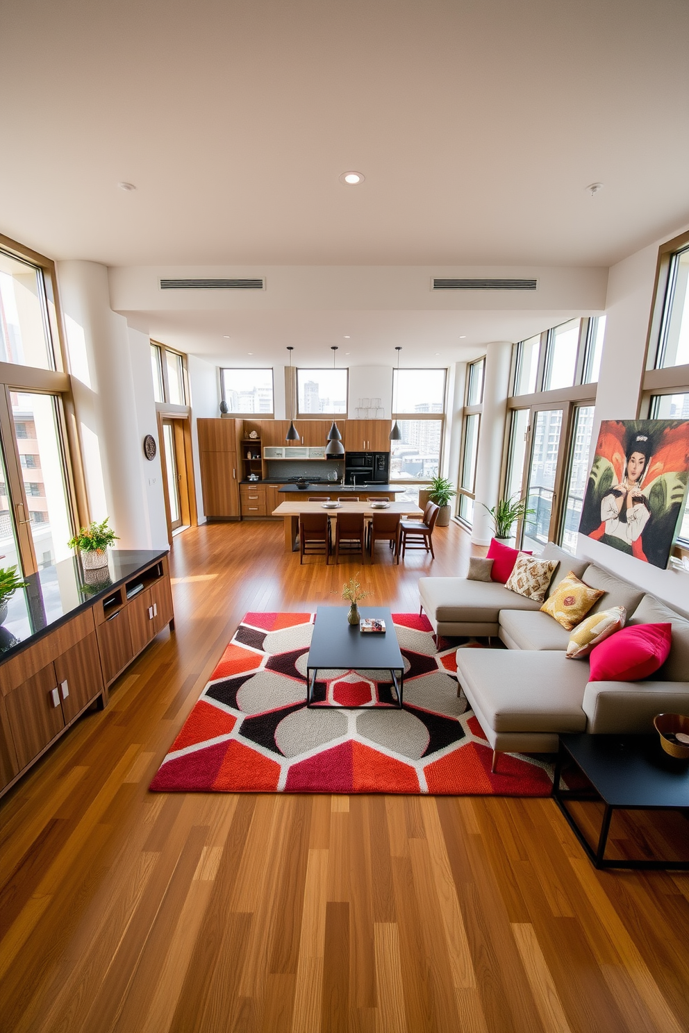 A stylish apartment design featuring an open-concept living area that seamlessly integrates the kitchen and dining space. A large area rug in a bold geometric pattern anchors the seating arrangement, creating a cozy focal point. The living room showcases a modern sectional sofa adorned with colorful throw pillows, accompanied by a sleek coffee table. Floor-to-ceiling windows flood the space with natural light, enhancing the warm wooden tones of the furniture.