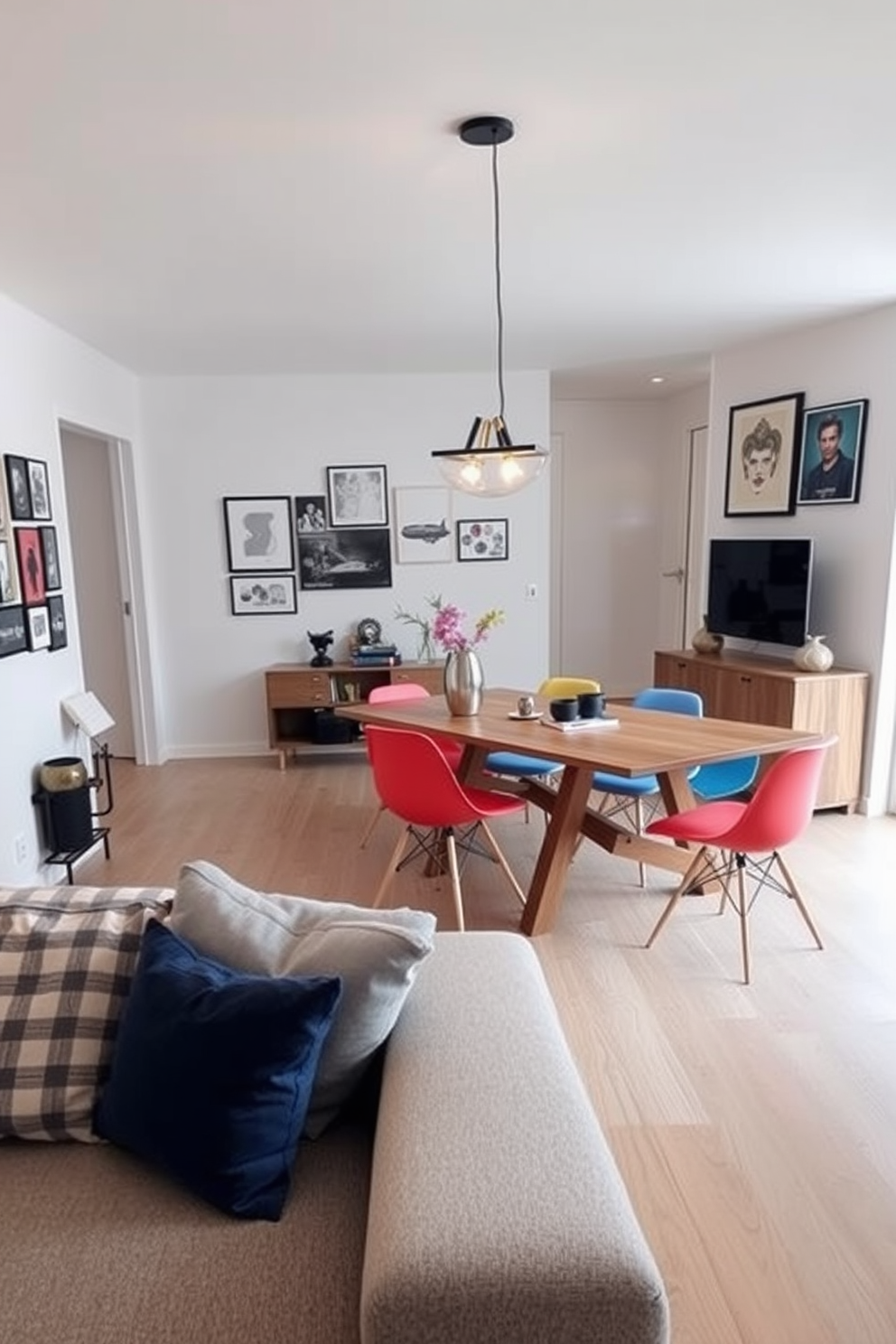 A stylish apartment design featuring an open-concept living area with a cozy sectional sofa in soft gray. The walls are adorned with personal artwork that adds unique flair and character to the space. The dining area includes a sleek wooden table surrounded by modern chairs in vibrant colors. A statement pendant light hangs above the table, illuminating the eclectic decor that reflects the owner's personality.