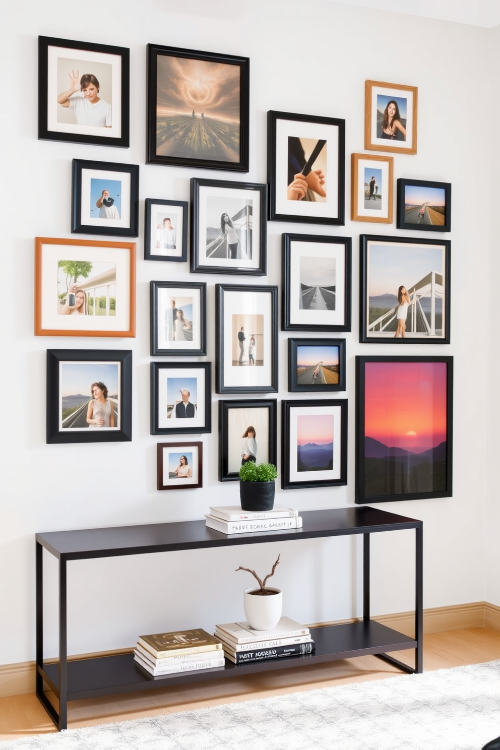 Create a gallery wall featuring an eclectic mix of framed photos in various sizes and styles. The wall is painted in a soft white hue, allowing the vibrant colors of the artwork to stand out beautifully. Incorporate a combination of black and wooden frames for a modern yet warm aesthetic. Below the gallery wall, place a sleek console table adorned with decorative books and a small potted plant for added charm.