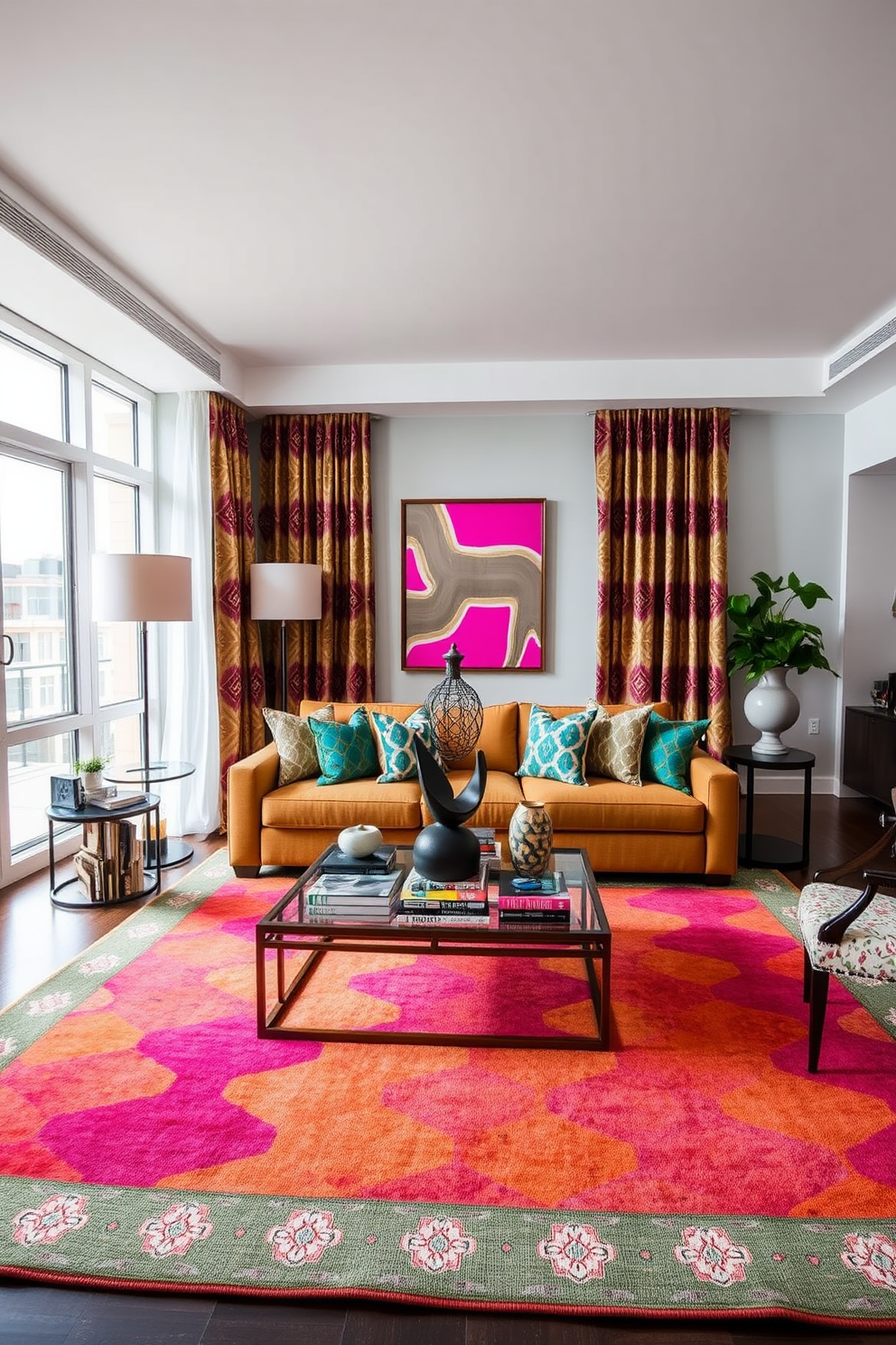 A stylish apartment design featuring bold patterns in textiles and cushions. The living room showcases a vibrant geometric rug that complements the colorful throw pillows on the sofa. Large windows allow natural light to flood the space, highlighting the rich textures of the patterned curtains. A statement coffee table in the center ties the room together, adorned with decorative books and a unique sculpture.